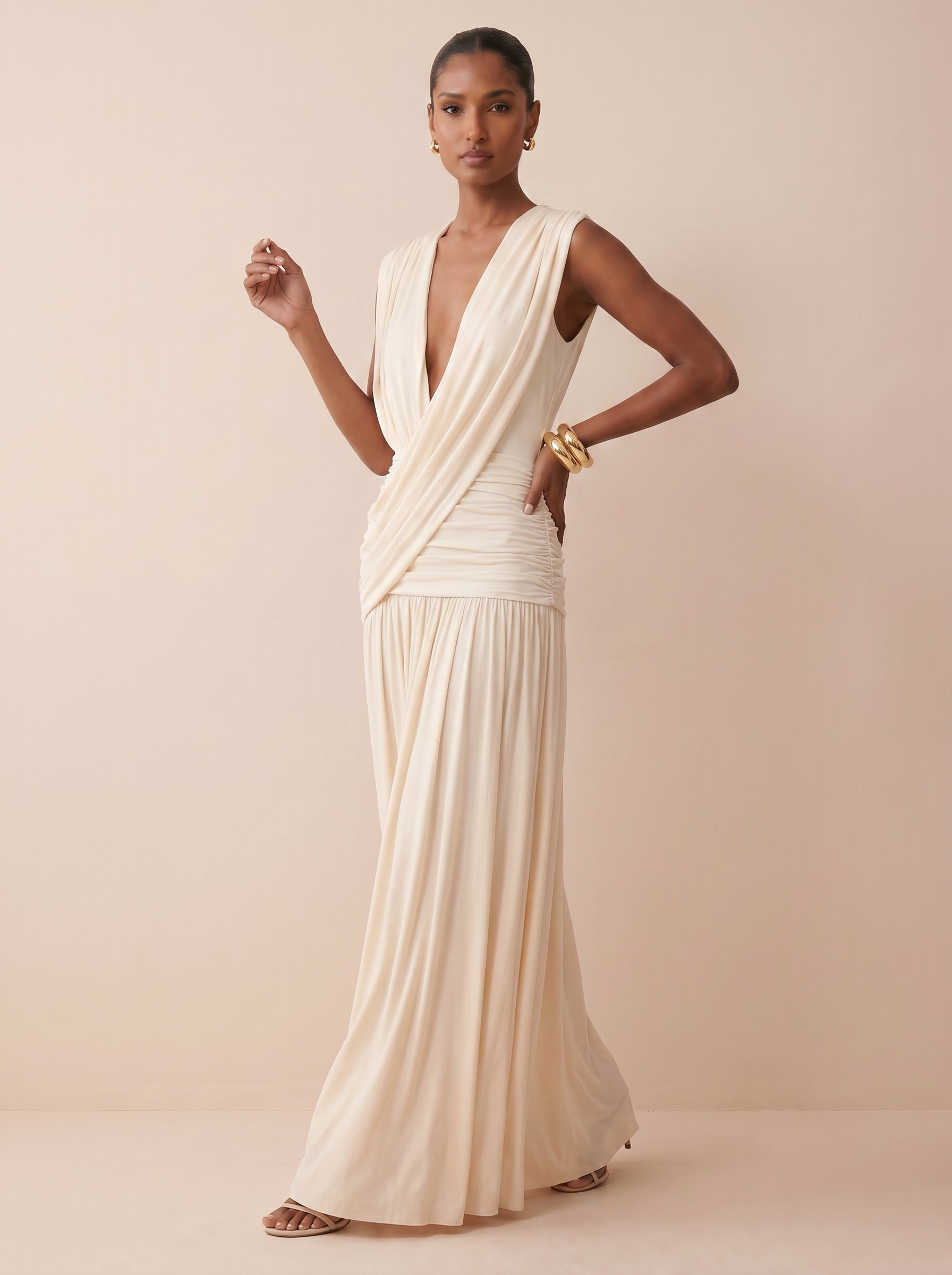 Mia Elegant Sleeveless Deep V Neck Maxi Dress