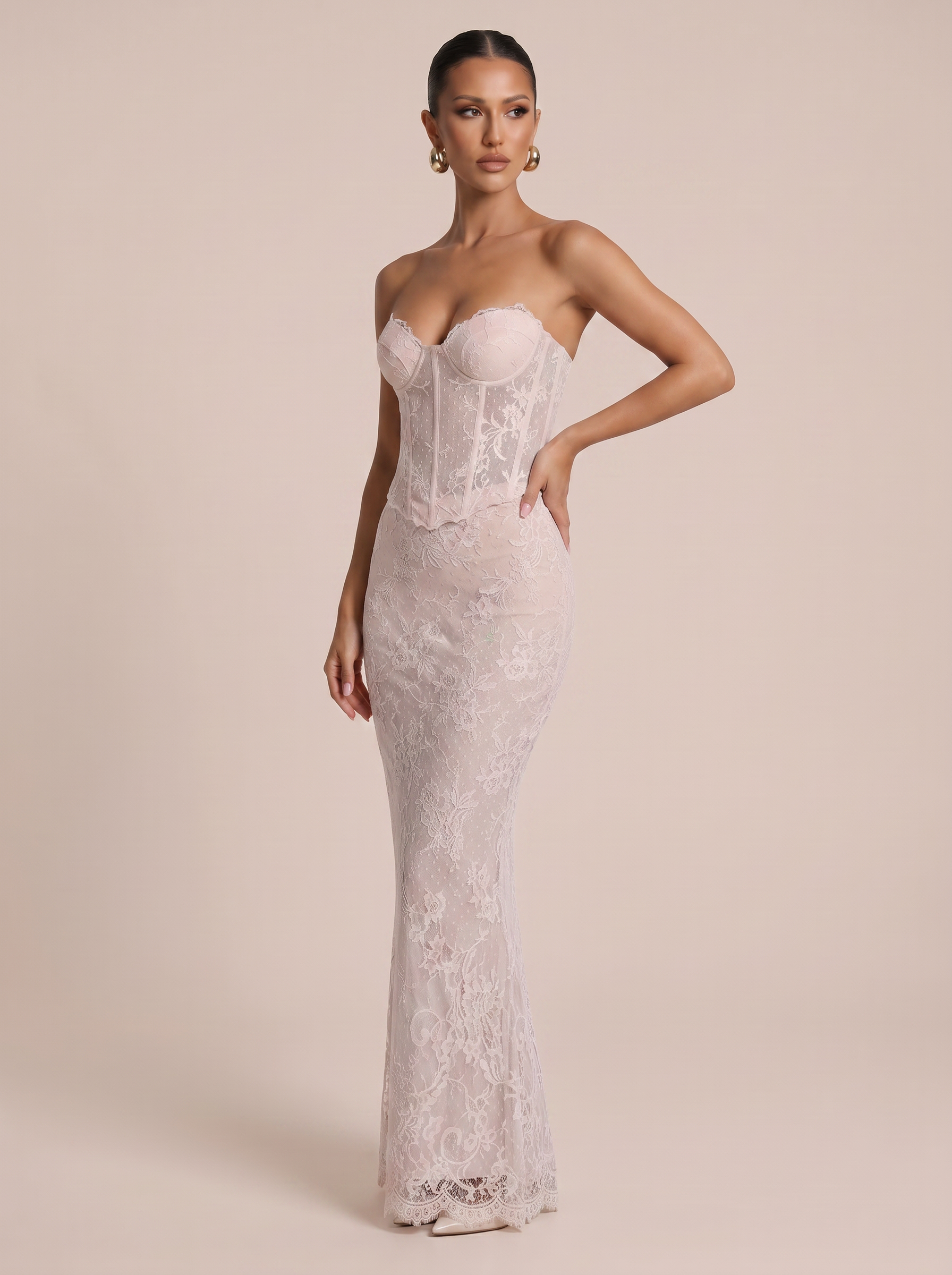 Junia Blush Pink Lace Strapless Corset Handmade Maxi Dress