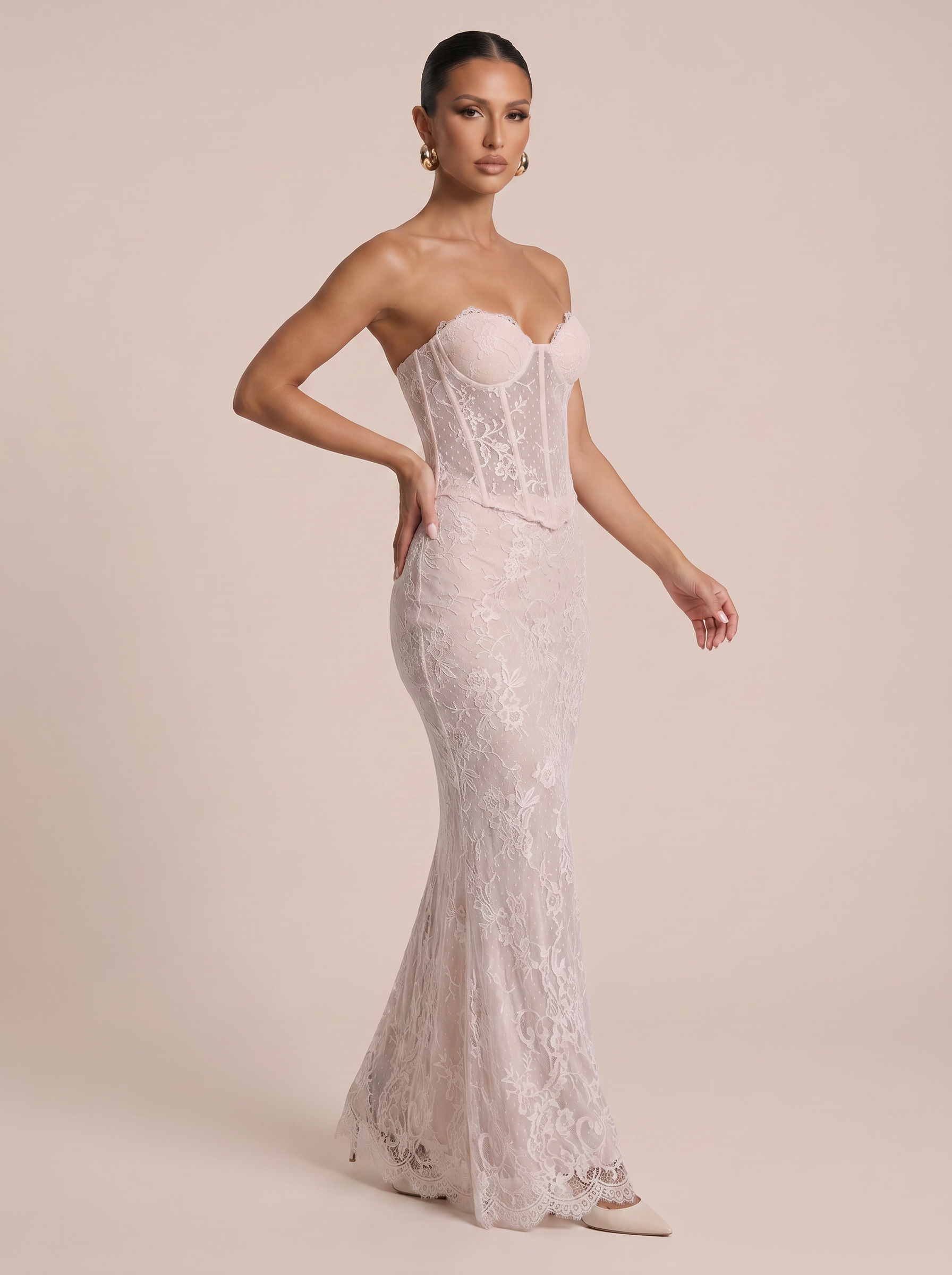 Junia Blush Pink Lace Strapless Corset Handmade Maxi Dress