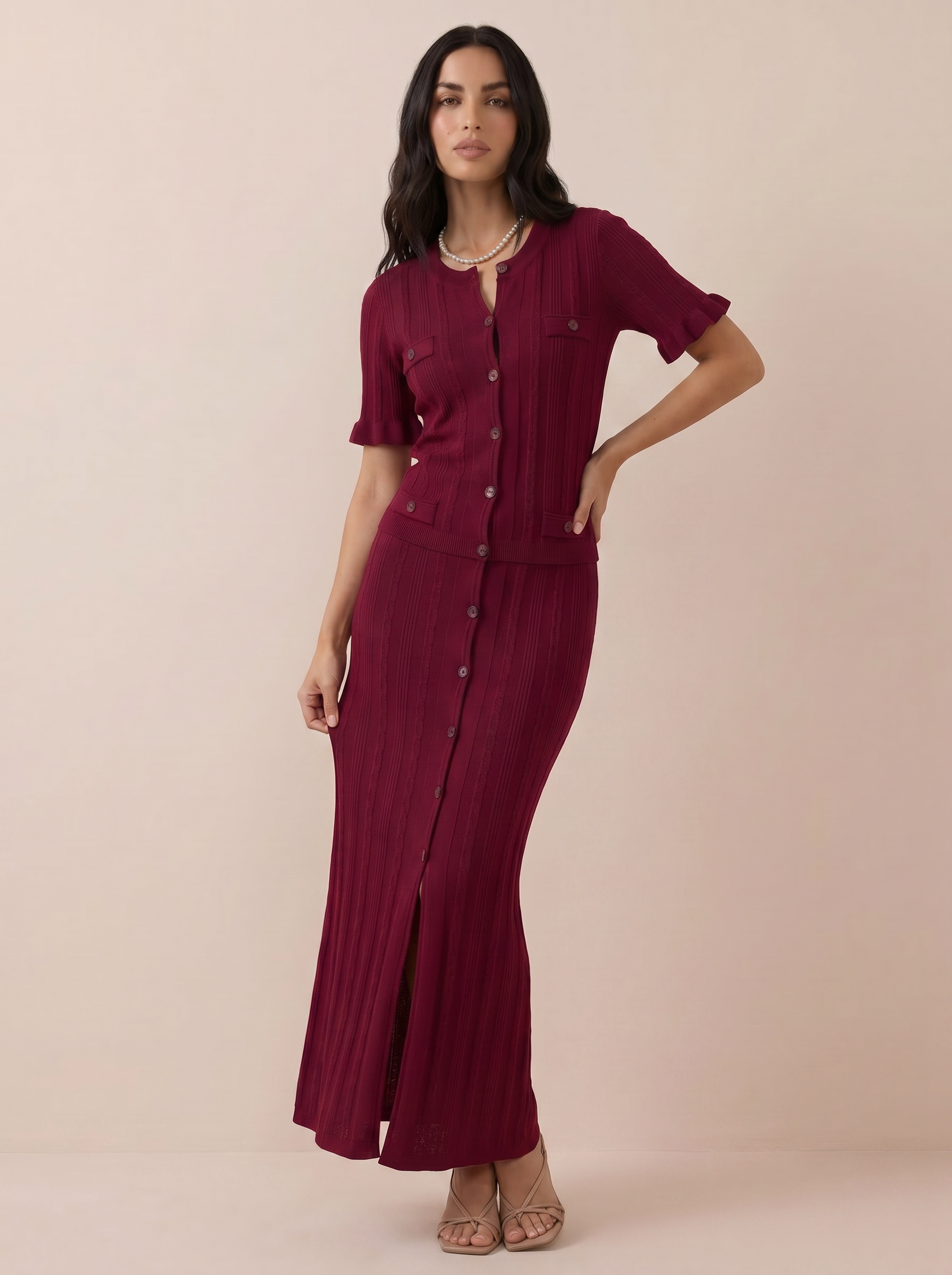 Delune Knitted Short Sleeve Button Maxi Dress