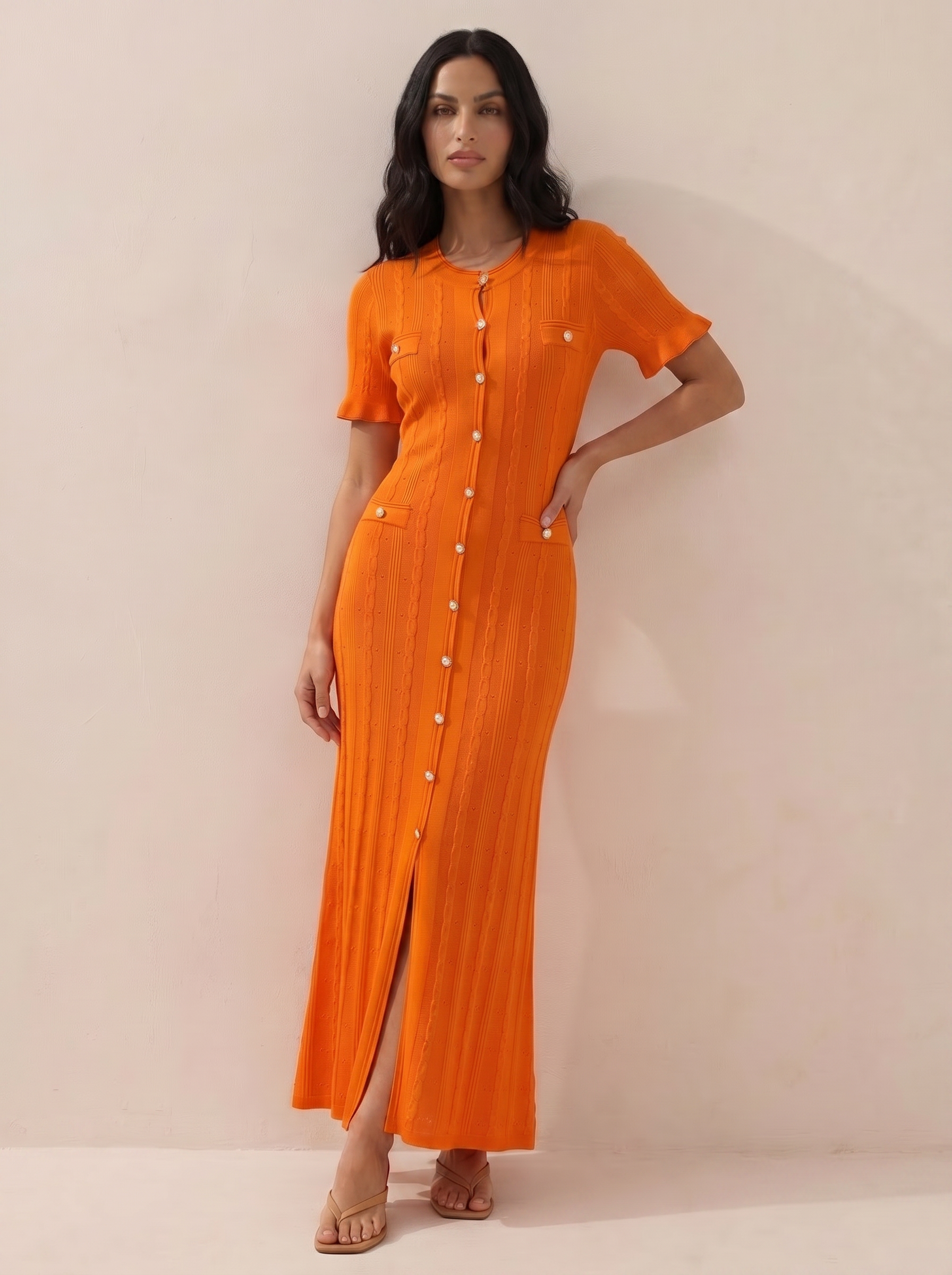 Delune Knitted Short Sleeve Button Maxi Dress
