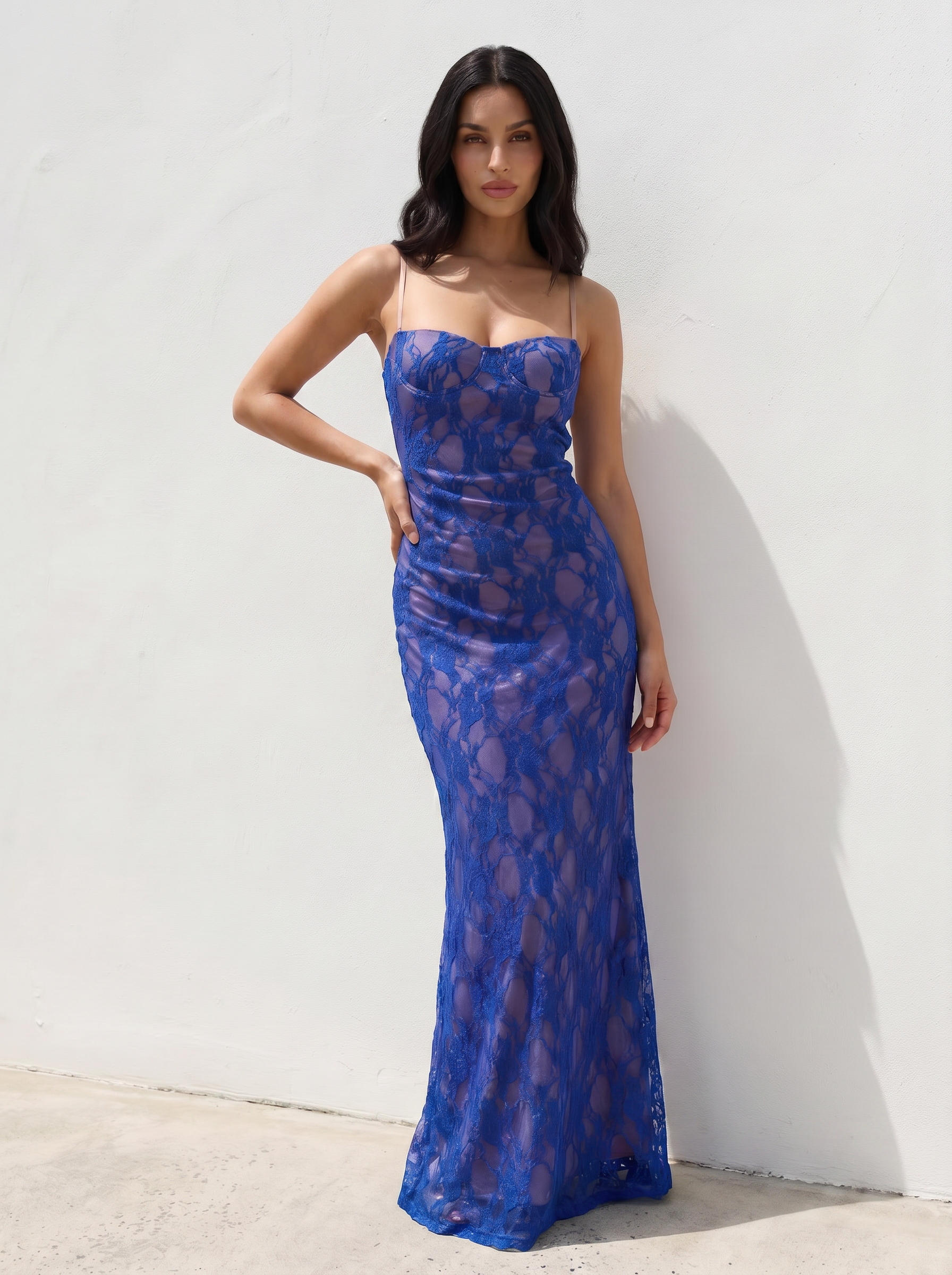Cavira Blue Lace Bodycon Spaghetti Strap Maxi Dress