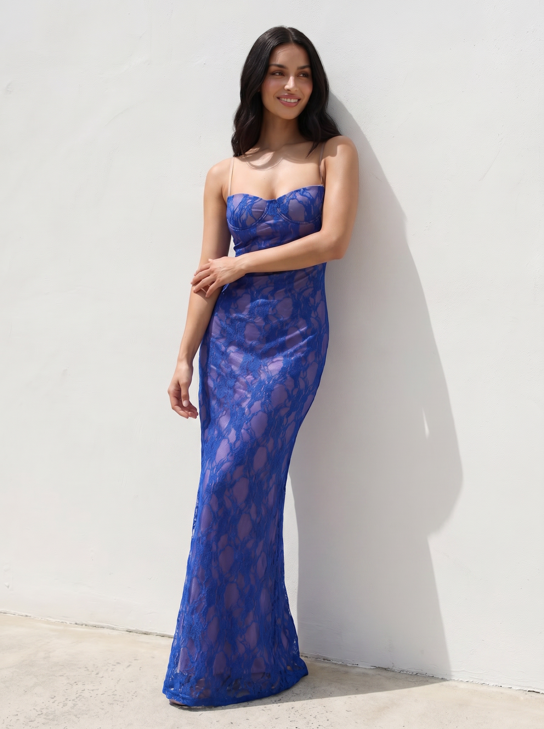 Cavira Blue Lace Bodycon Spaghetti Strap Maxi Dress