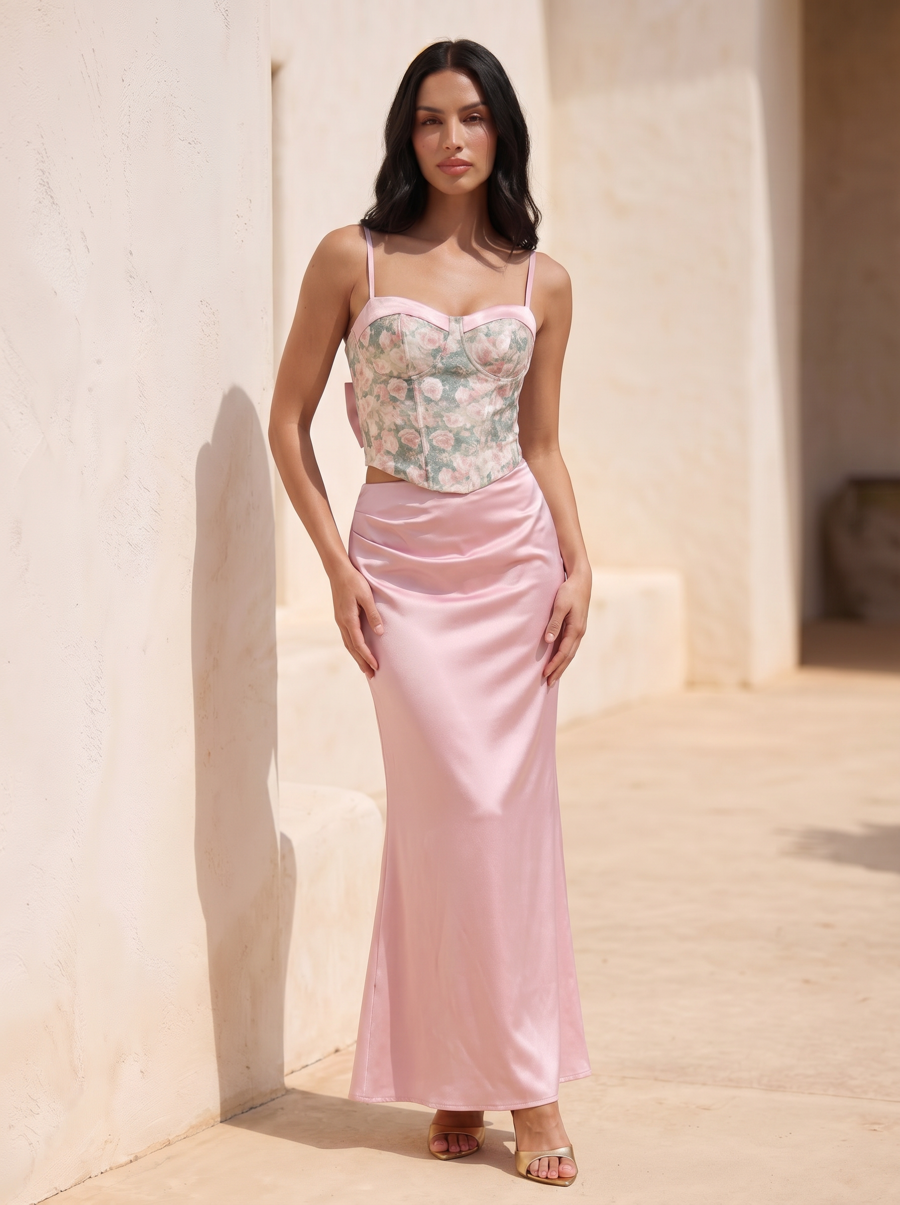 Xanelle Floral Crop Top & Satin Maxi Skirt Bodycon Two Piece Set