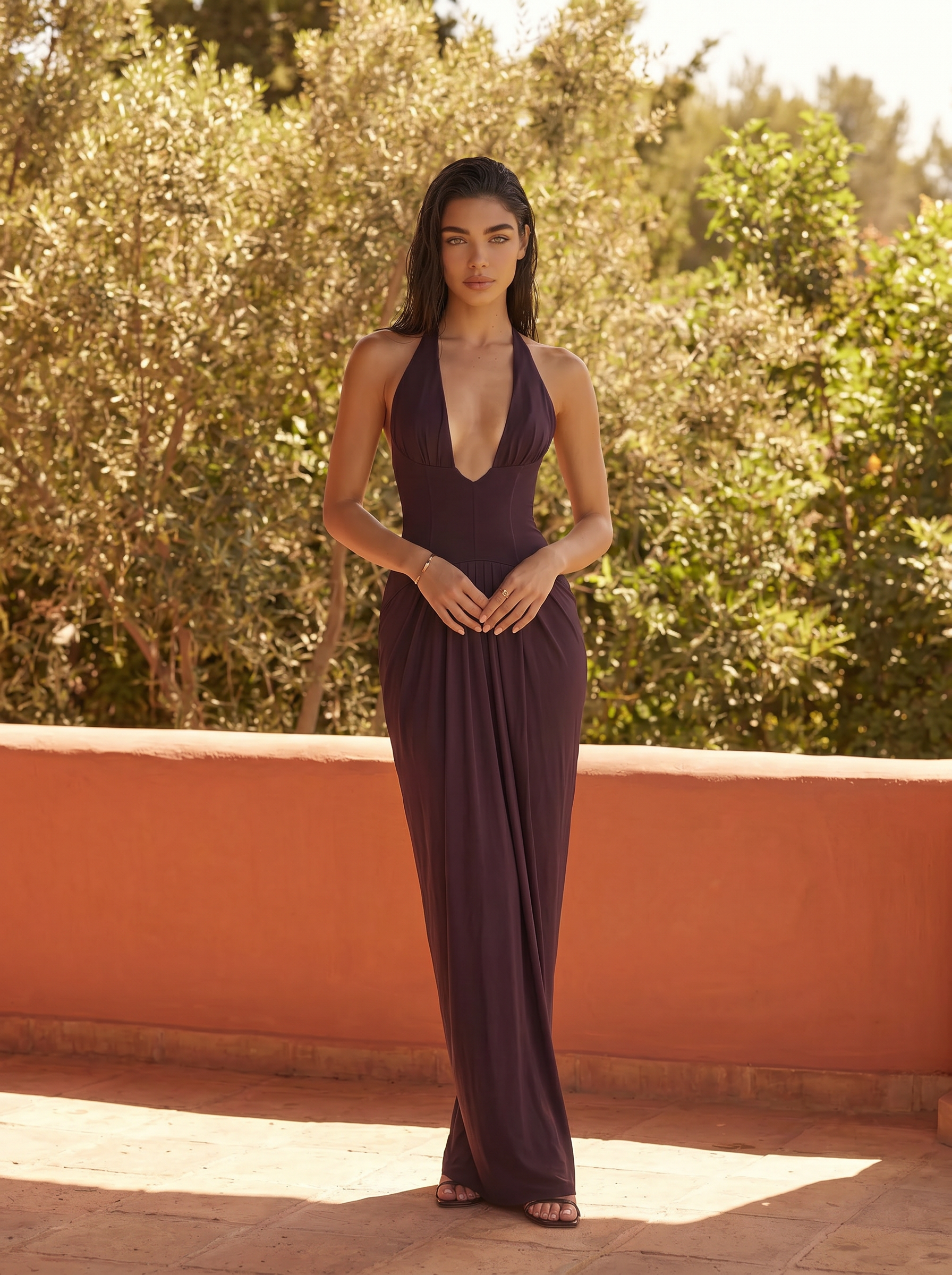 Rhoda Brown V Neck Halter Sleeveless Maxi Dress