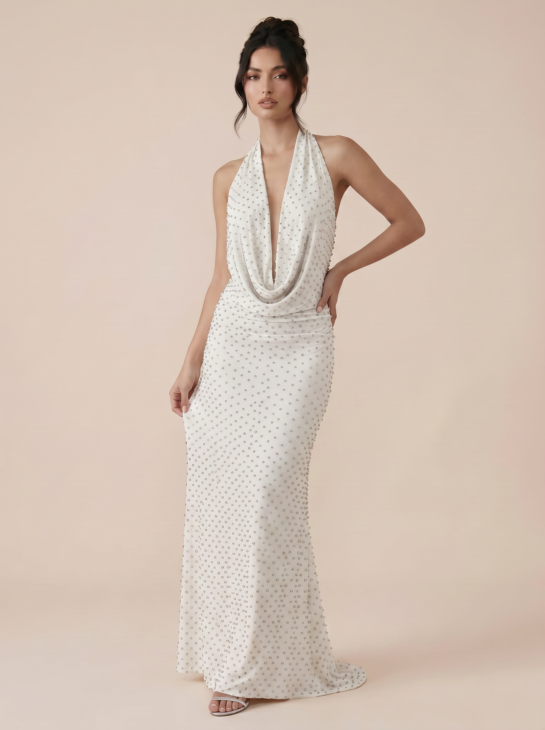 Lazira White Beaded Halter Sleeveless V-Neck Backless Maxi Dress