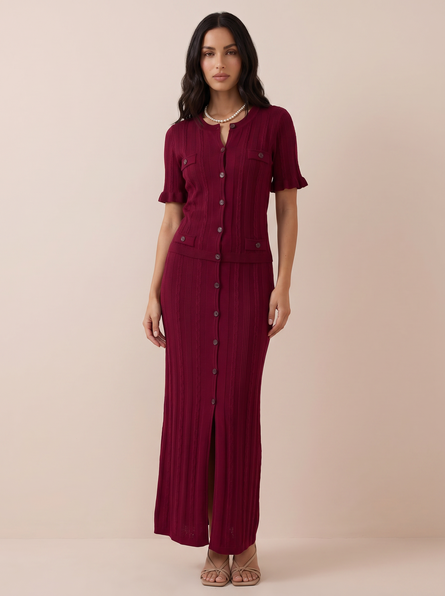 Delune Knitted Short Sleeve Button Maxi Dress