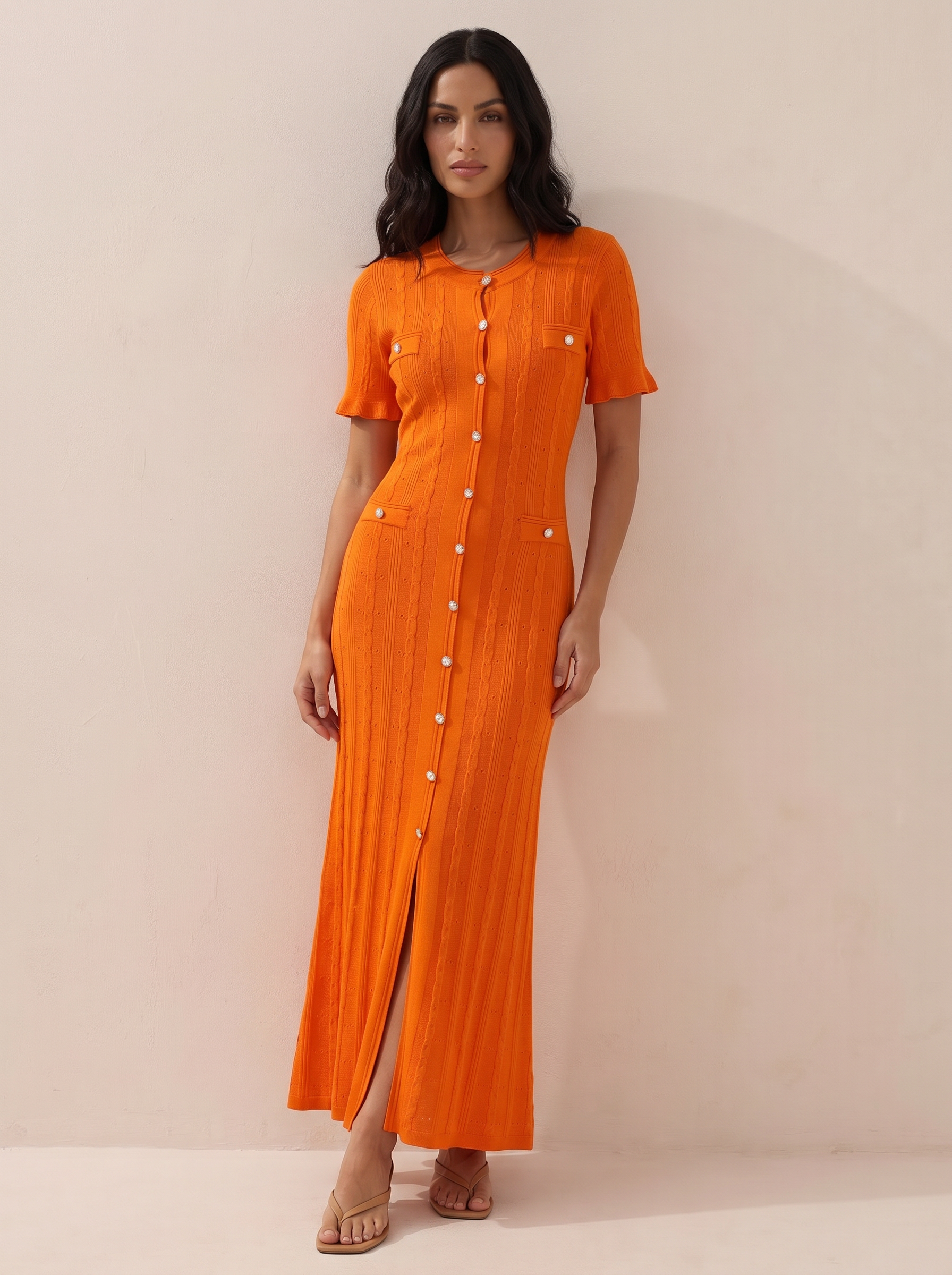 Delune Knitted Short Sleeve Button Maxi Dress