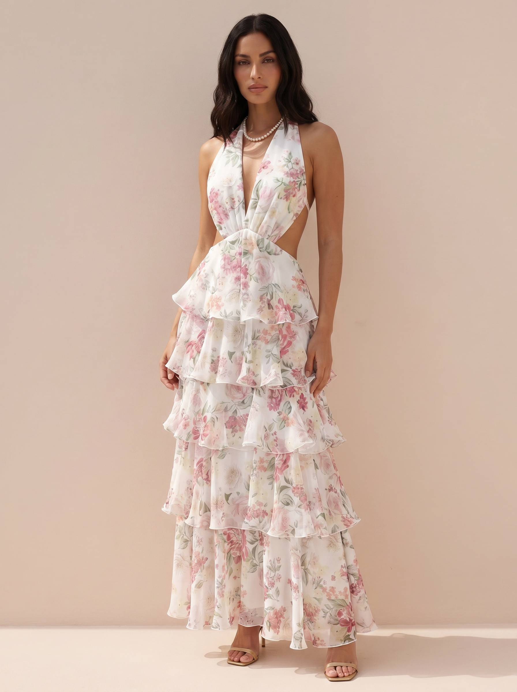 Alvion Ruffle Floral Layered Halter Maxi Dress