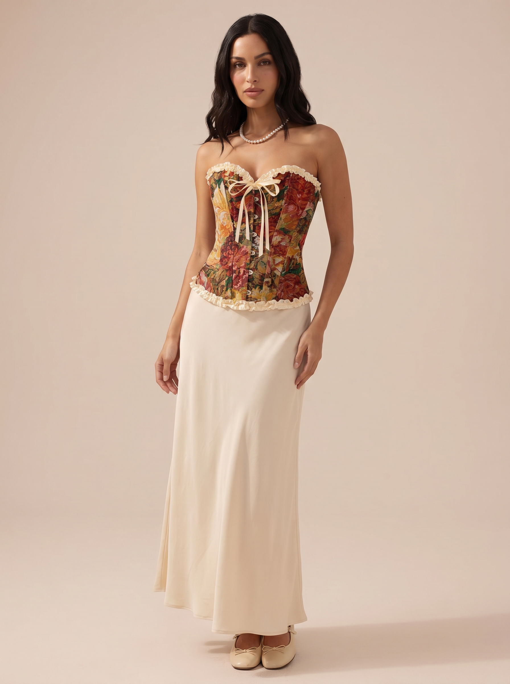 Brisea Strapless Bow Tie Floral Corset Top