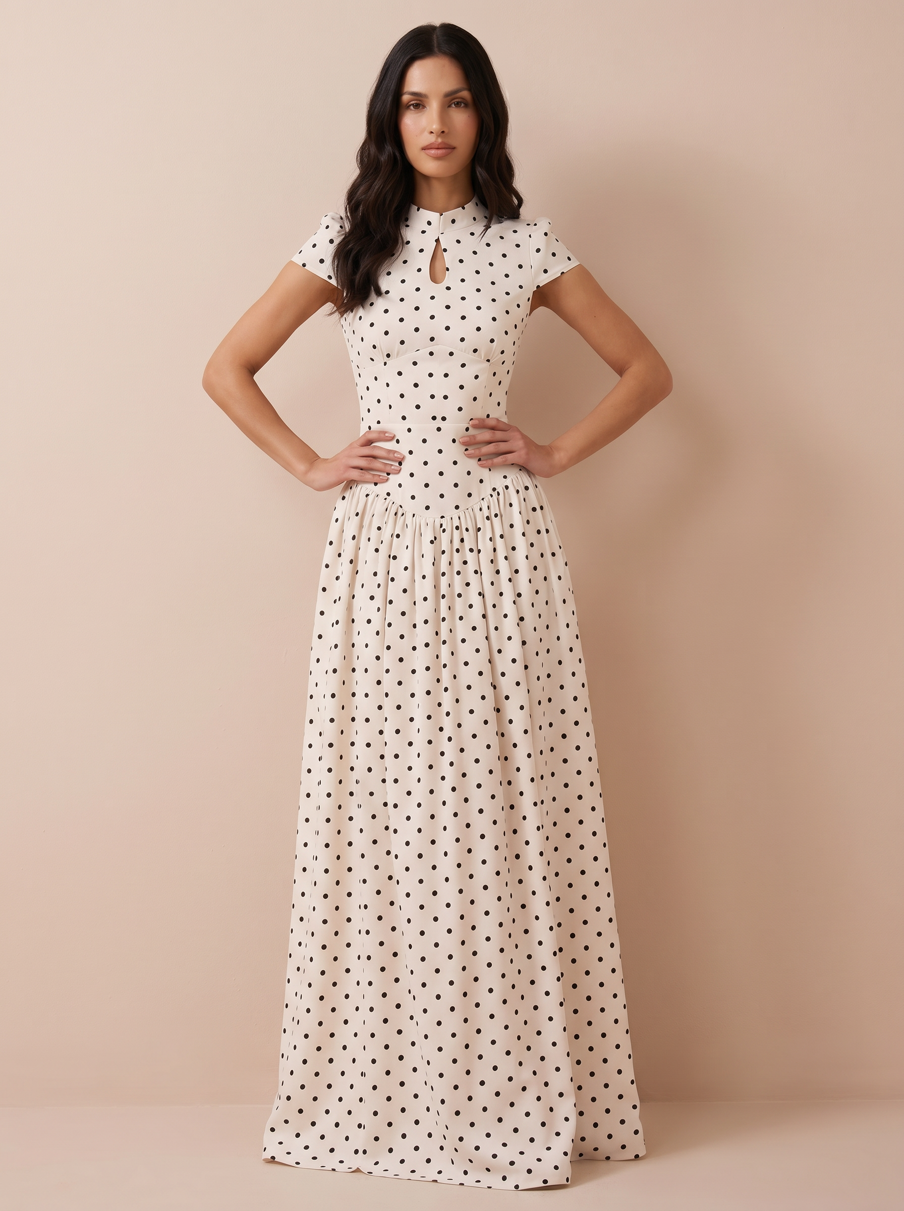 Chella Short Sleeve High Collar Polka Dot A-line Maxi Dress