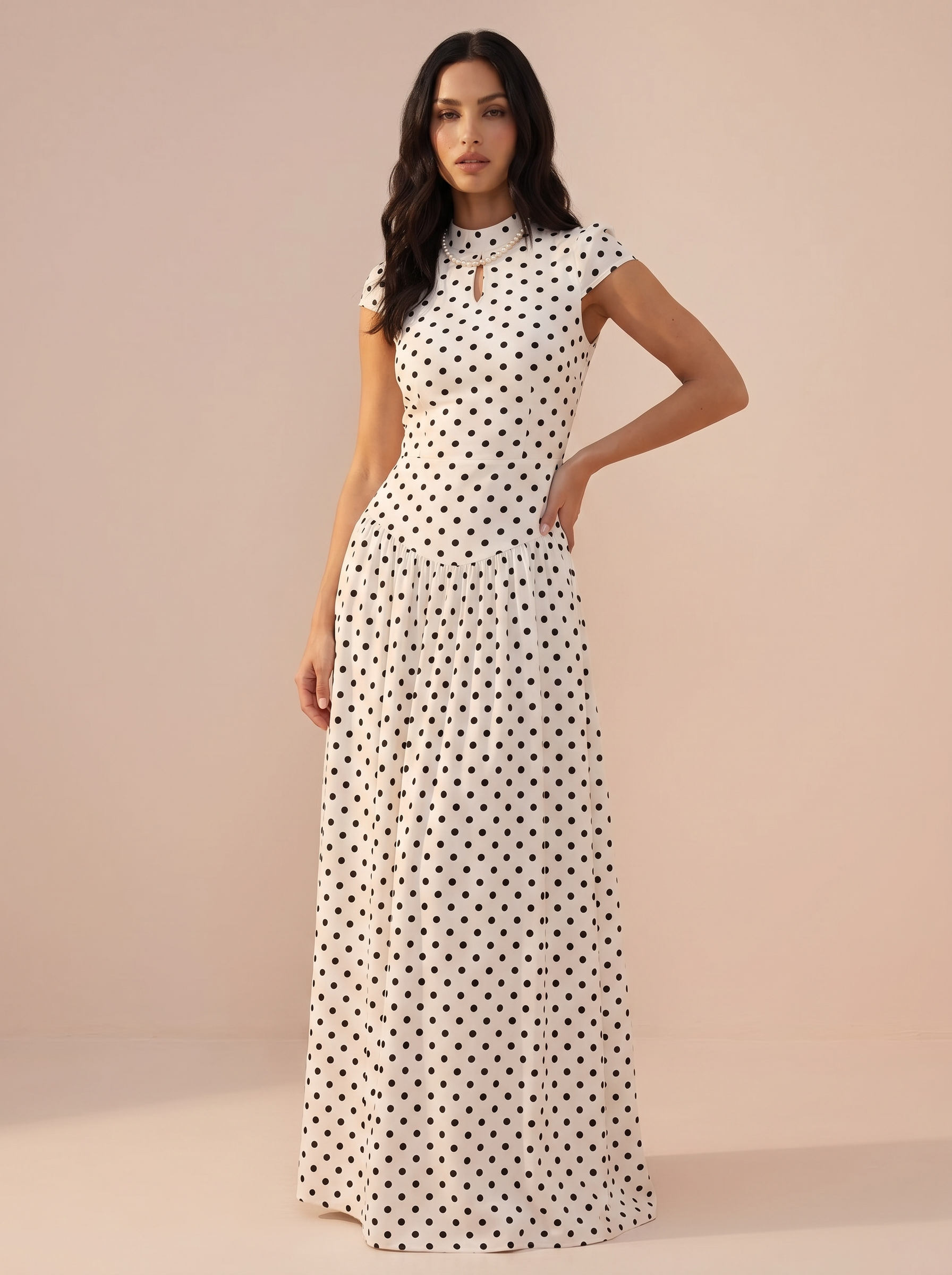 Chella Short Sleeve High Collar Polka Dot A-line Maxi Dress