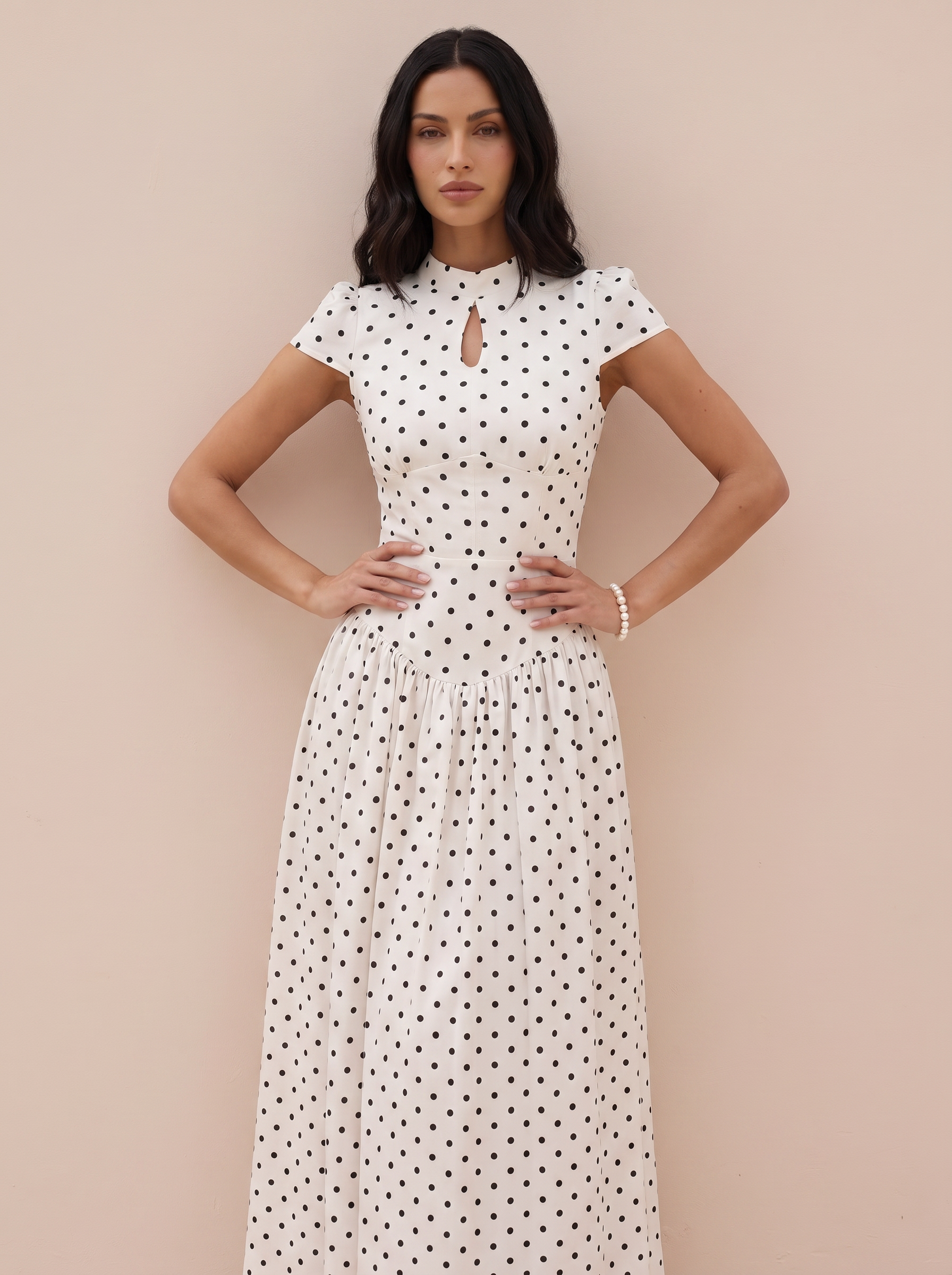 Chella Short Sleeve High Collar Polka Dot A-line Maxi Dress