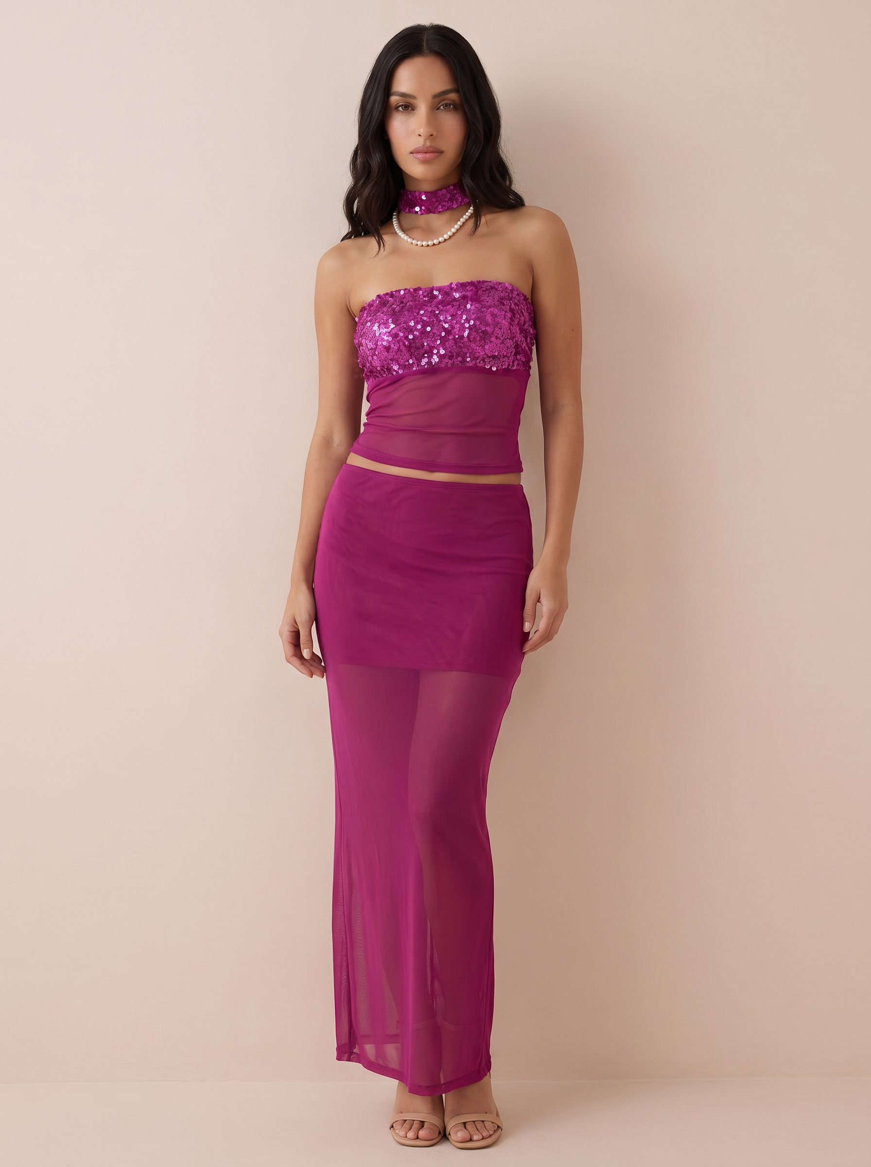 Olivra Mesh Sequin Tank Crop Top