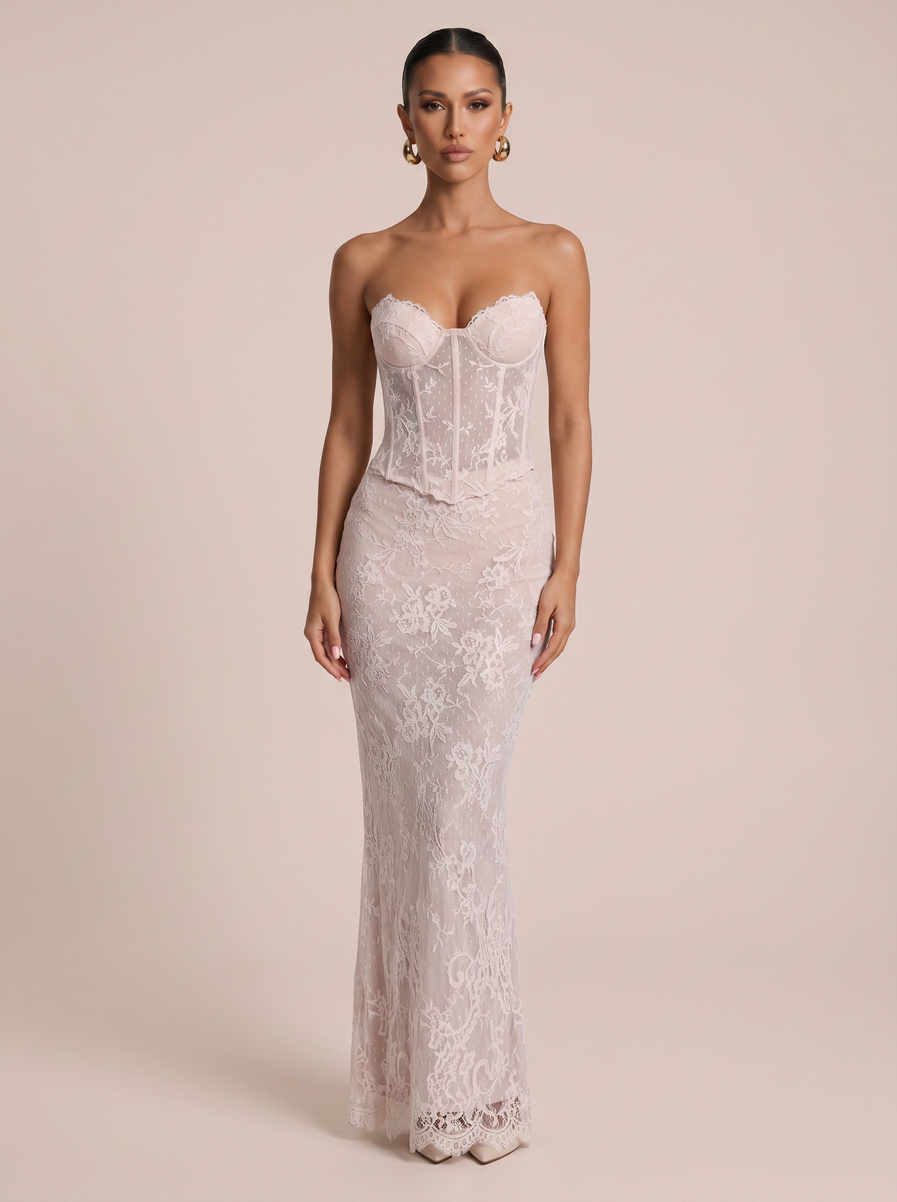 Junia Blush Pink Lace Strapless Corset Handmade Maxi Dress