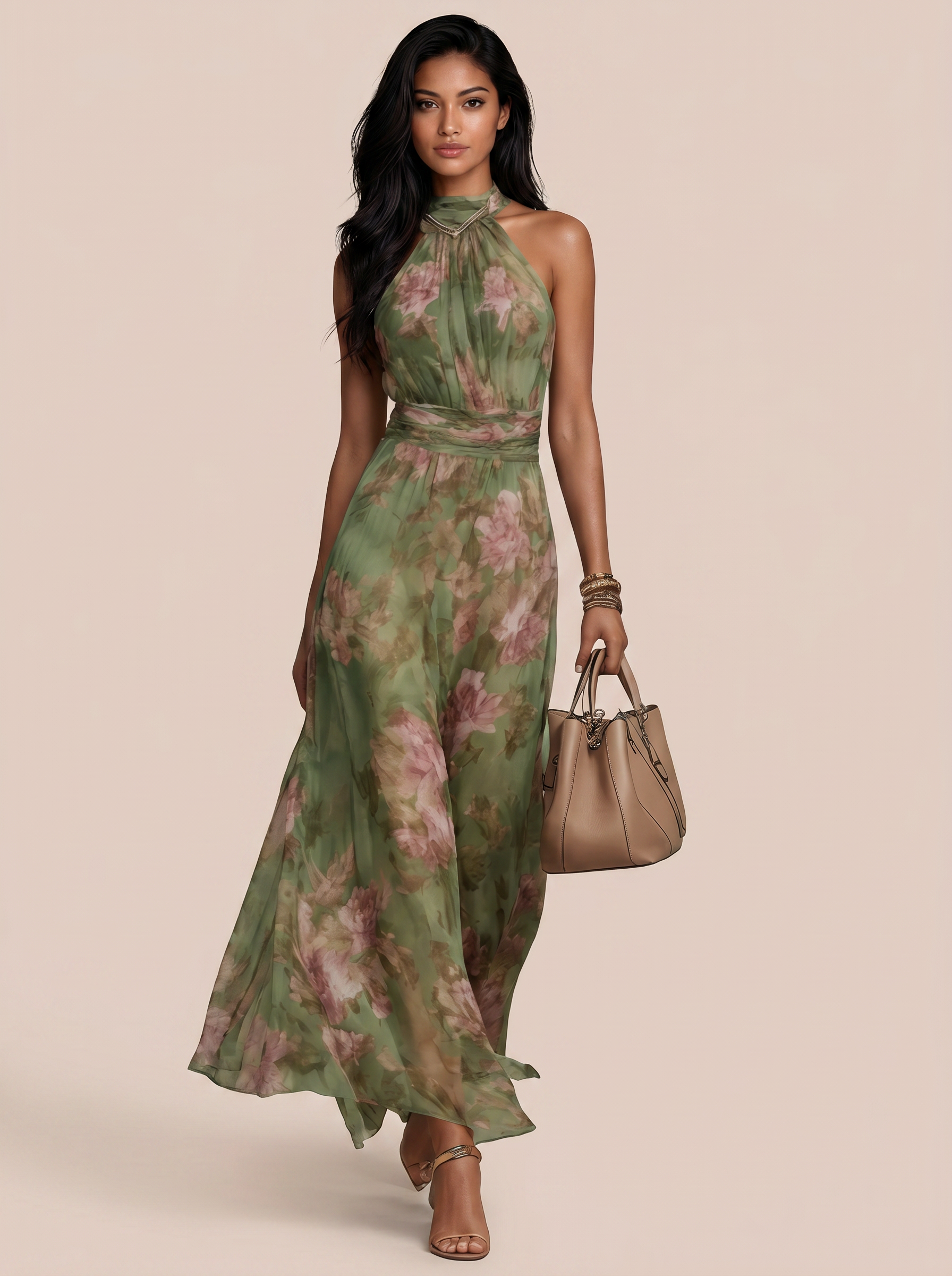 Maysia Green Floral Halter Chiffon Summer Maxi Dress