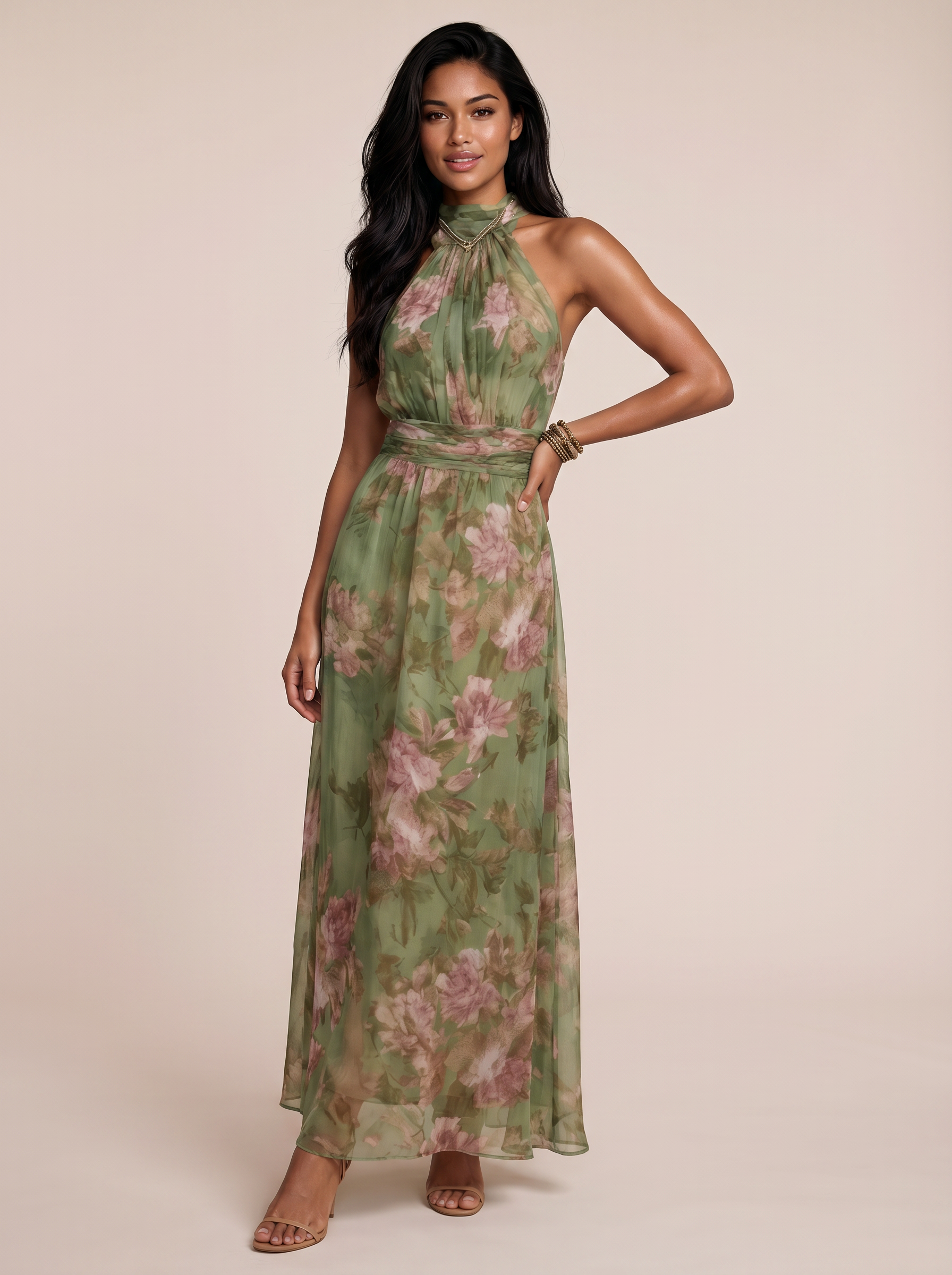 Maysia Green Floral Halter Chiffon Summer Maxi Dress