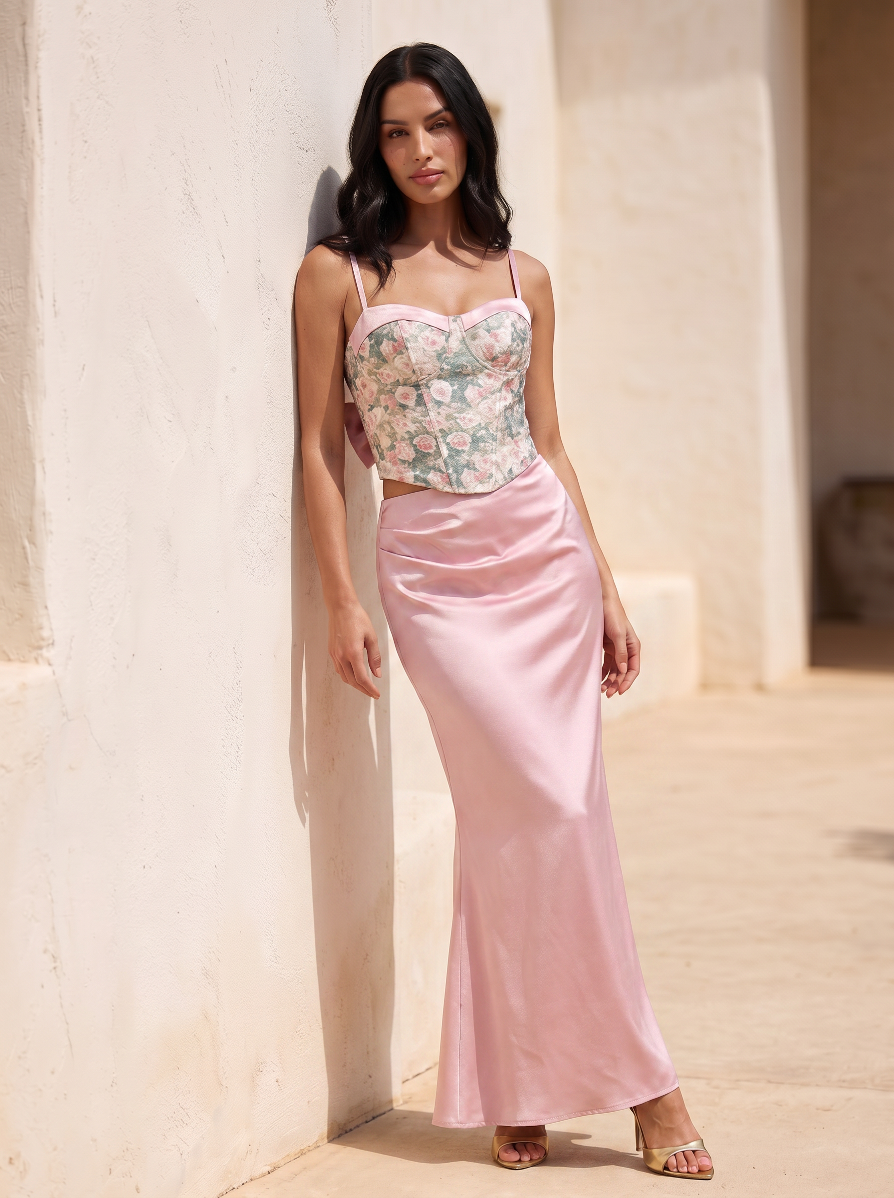 Xanelle Floral Crop Top & Satin Maxi Skirt Bodycon Two Piece Set
