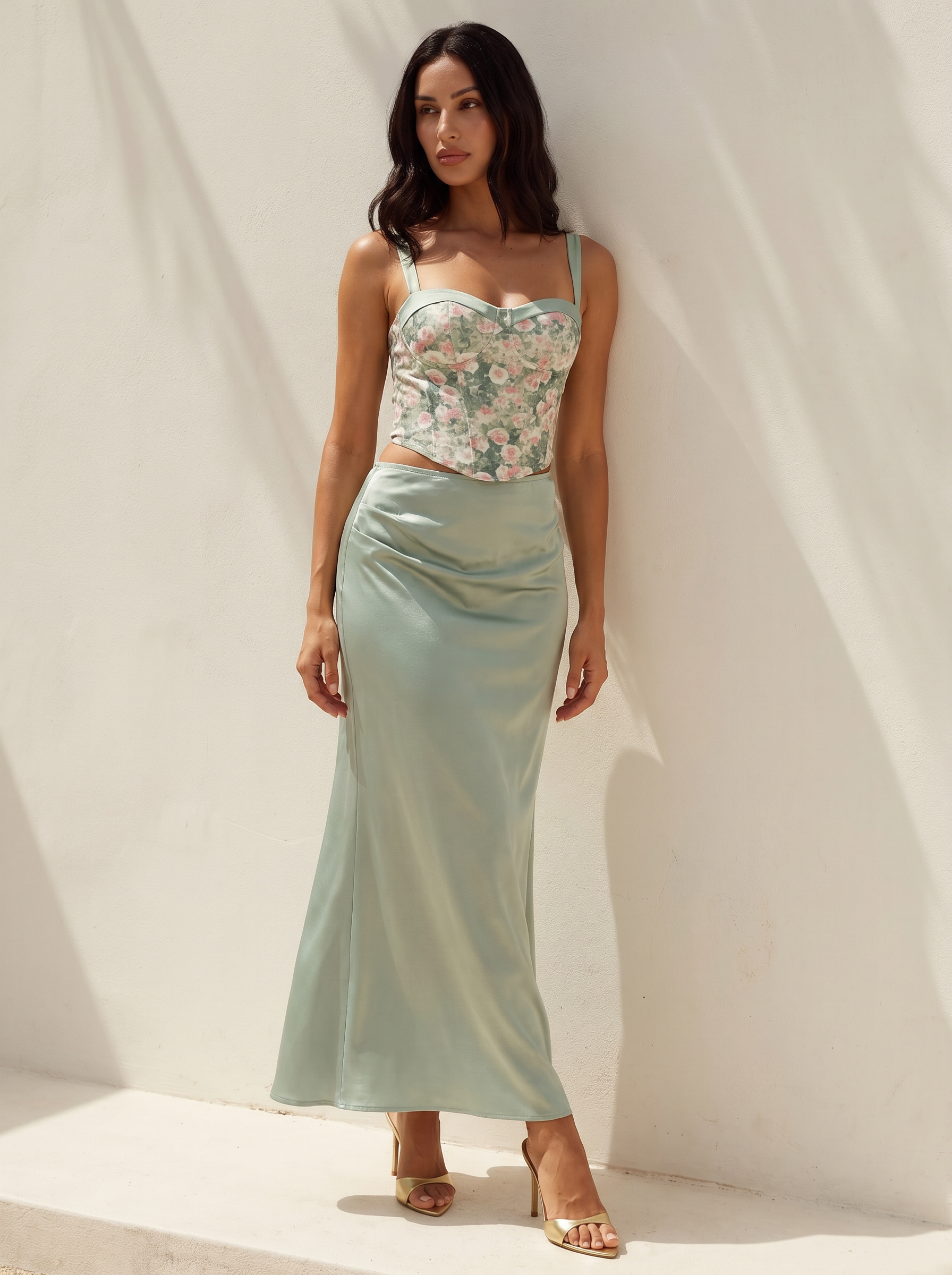 Xanelle Floral Crop Top & Satin Maxi Skirt Bodycon Two Piece Set