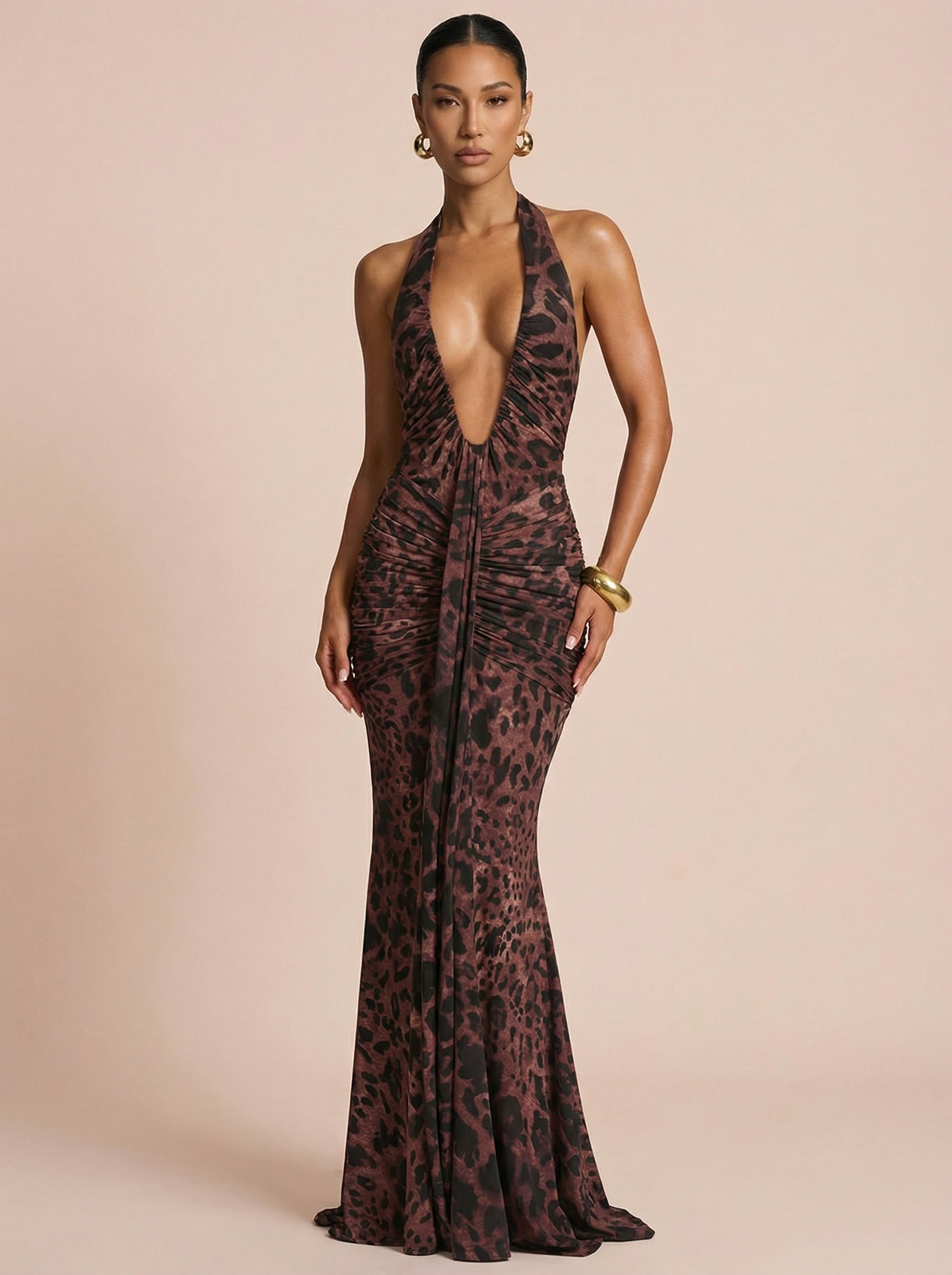 Cassiria Leopard Print Backless Sleeveless Maxi Dress