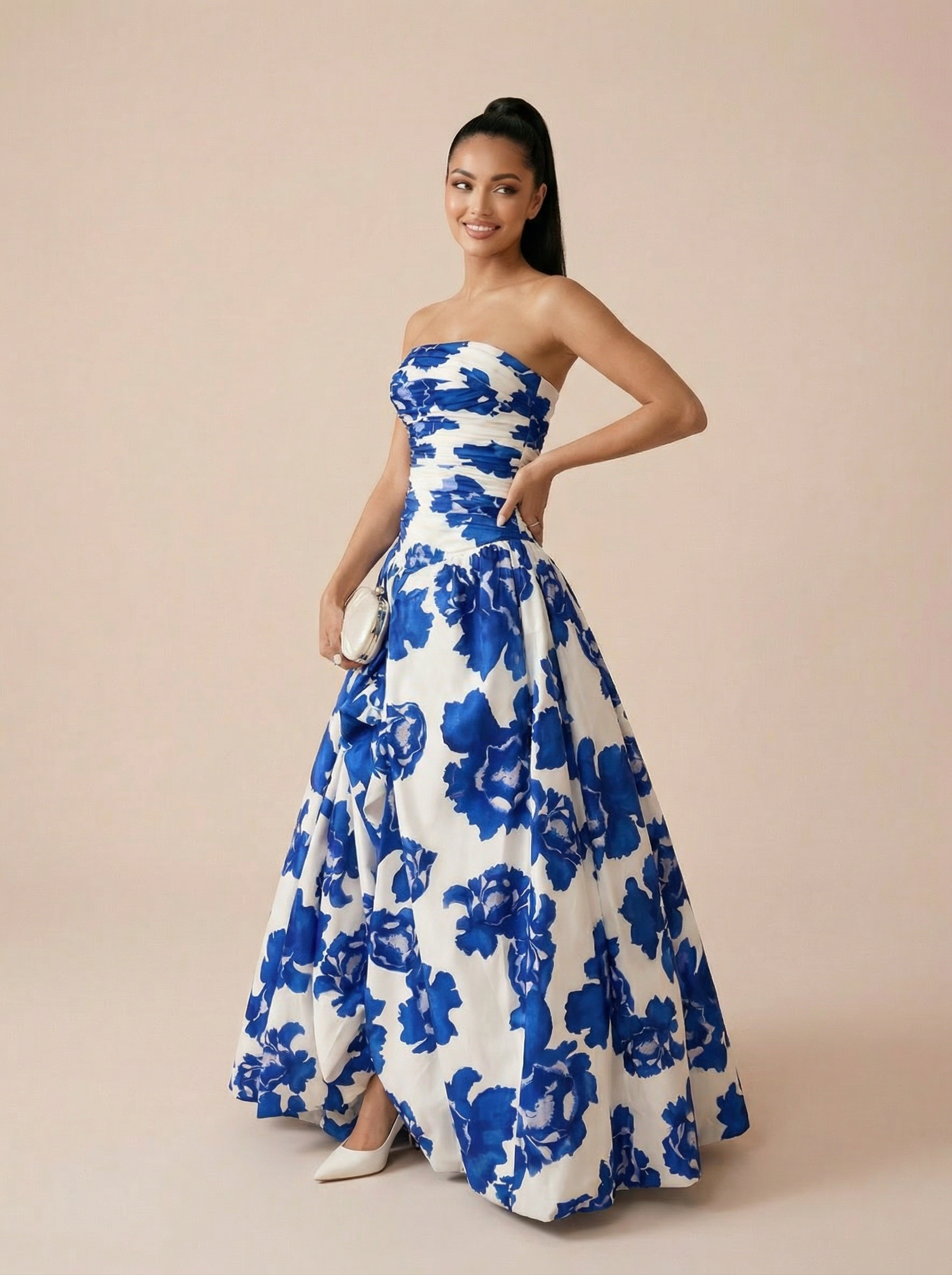 Roxana Blue Print Strapless Gown Maxi Dress