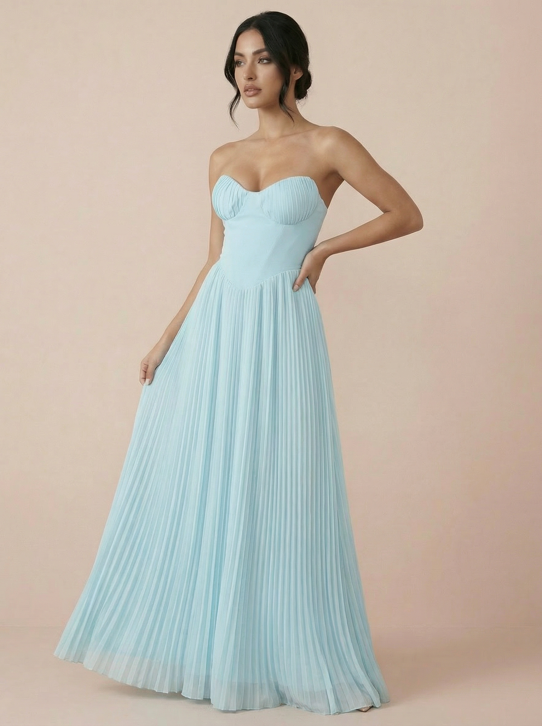 Valera Blue Pleated Off Shoulder Maxi Dress