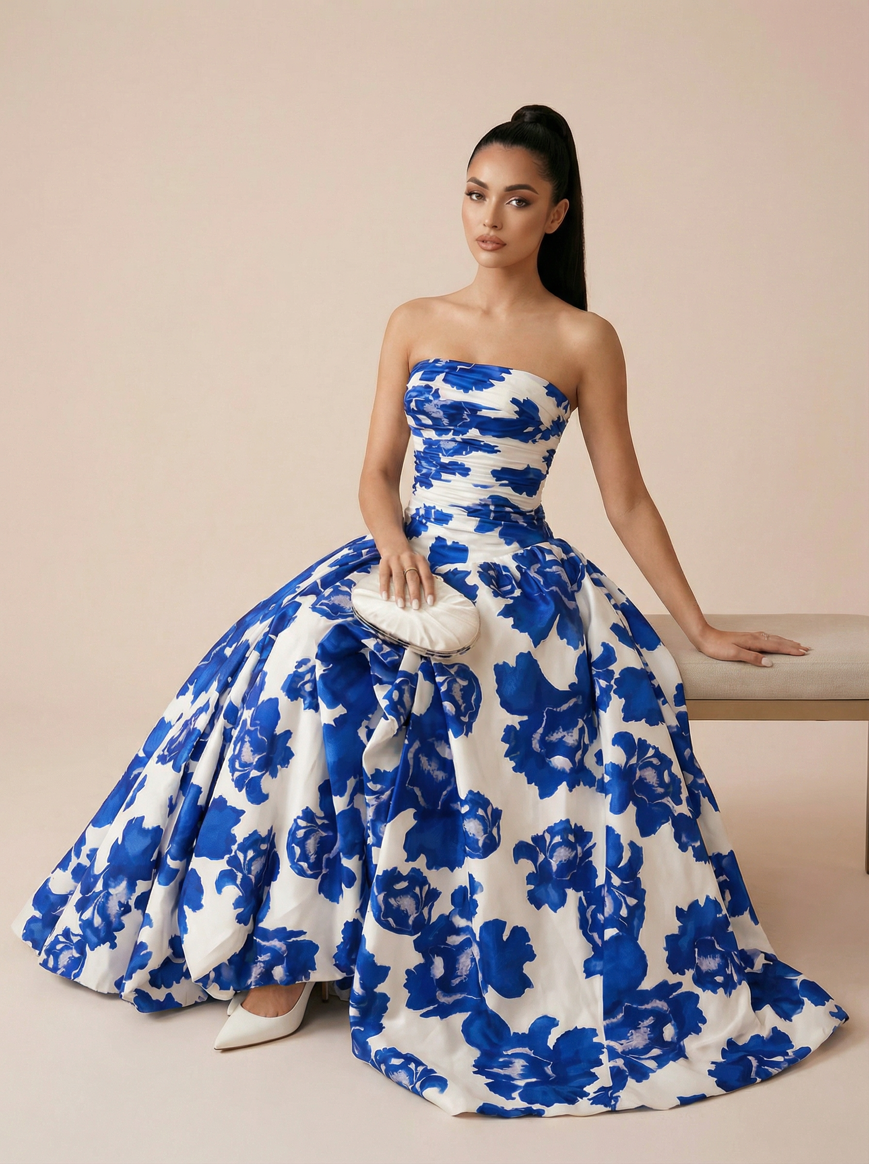 Roxana Blue Print Strapless Gown Maxi Dress