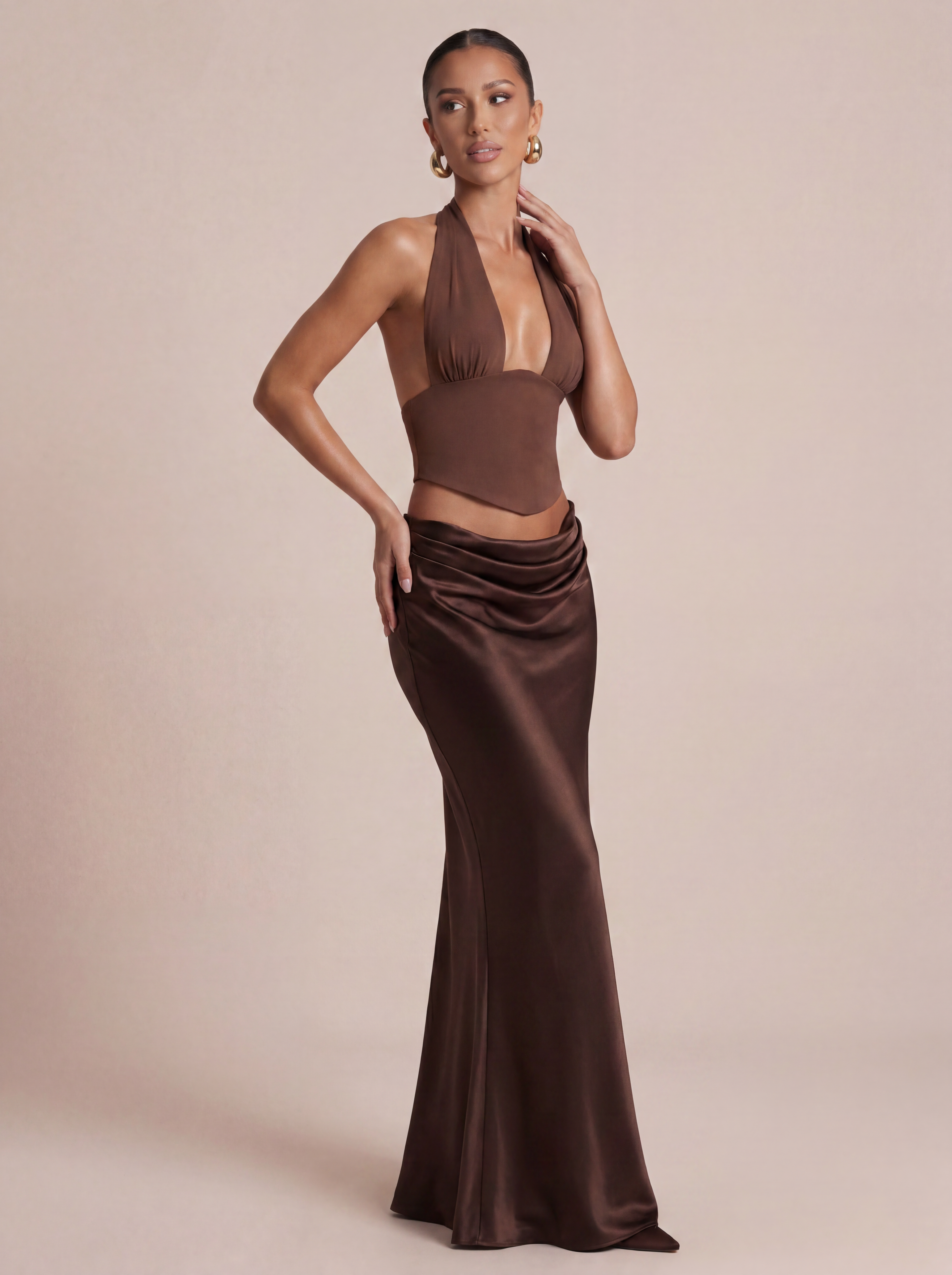 Kendall Halter Crop Top & Satin Maxi Skirt Two Piece Set
