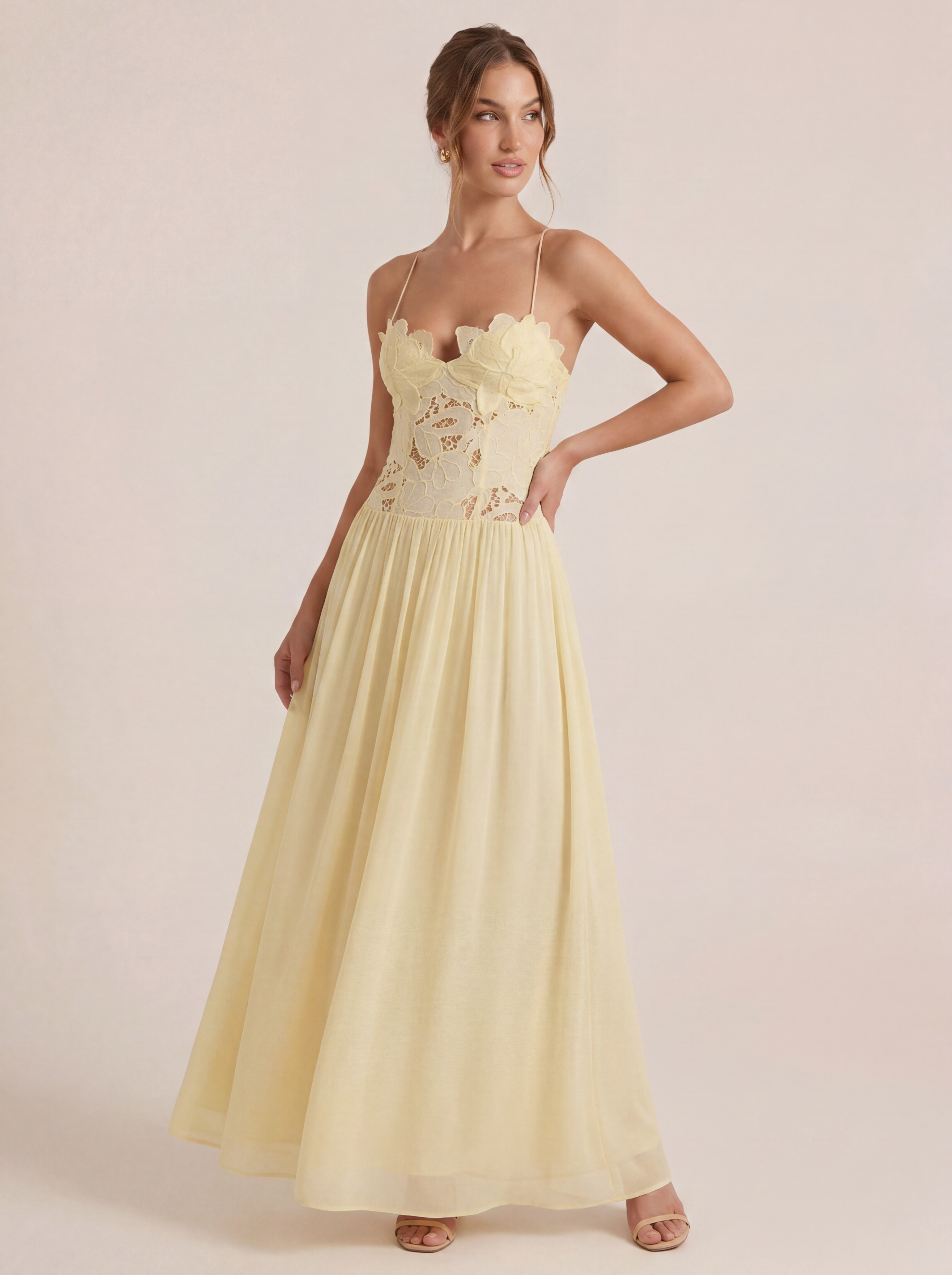 Alexandra Yellow A-line Elegnat Floral Maxi Dress
