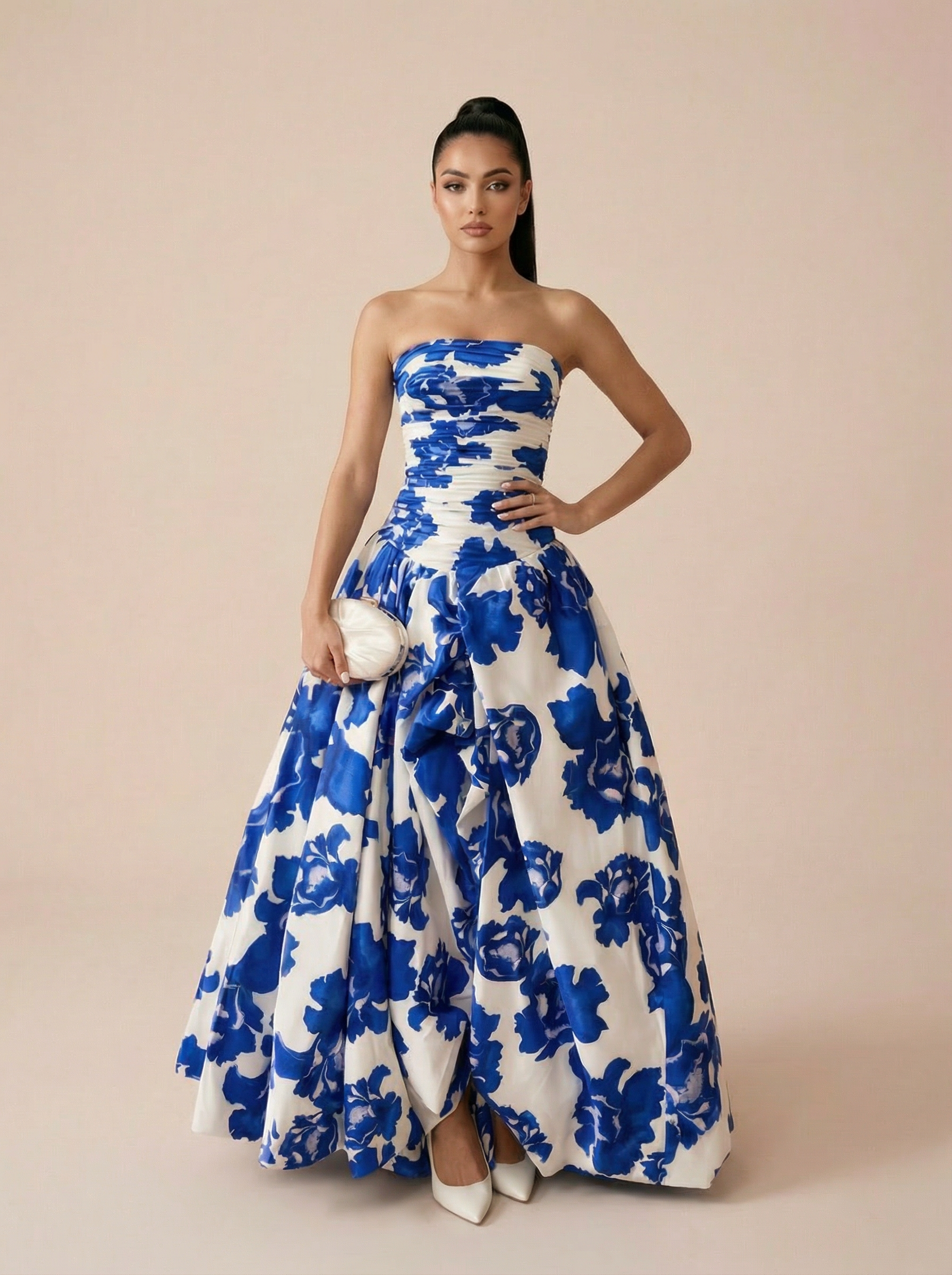 Roxana Blue Print Strapless Gown Maxi Dress