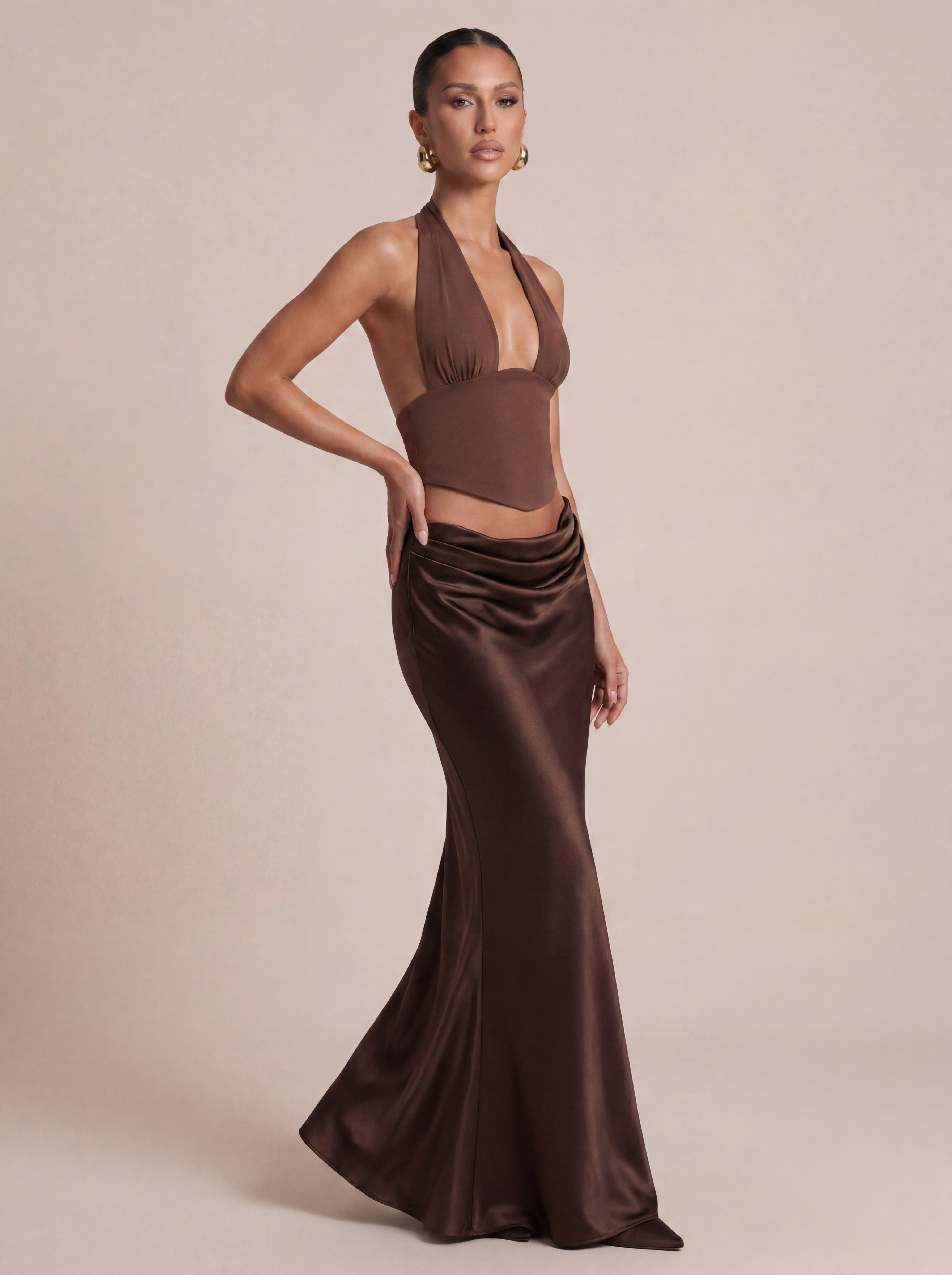 Kendall Halter Crop Top & Satin Maxi Skirt Two Piece Set