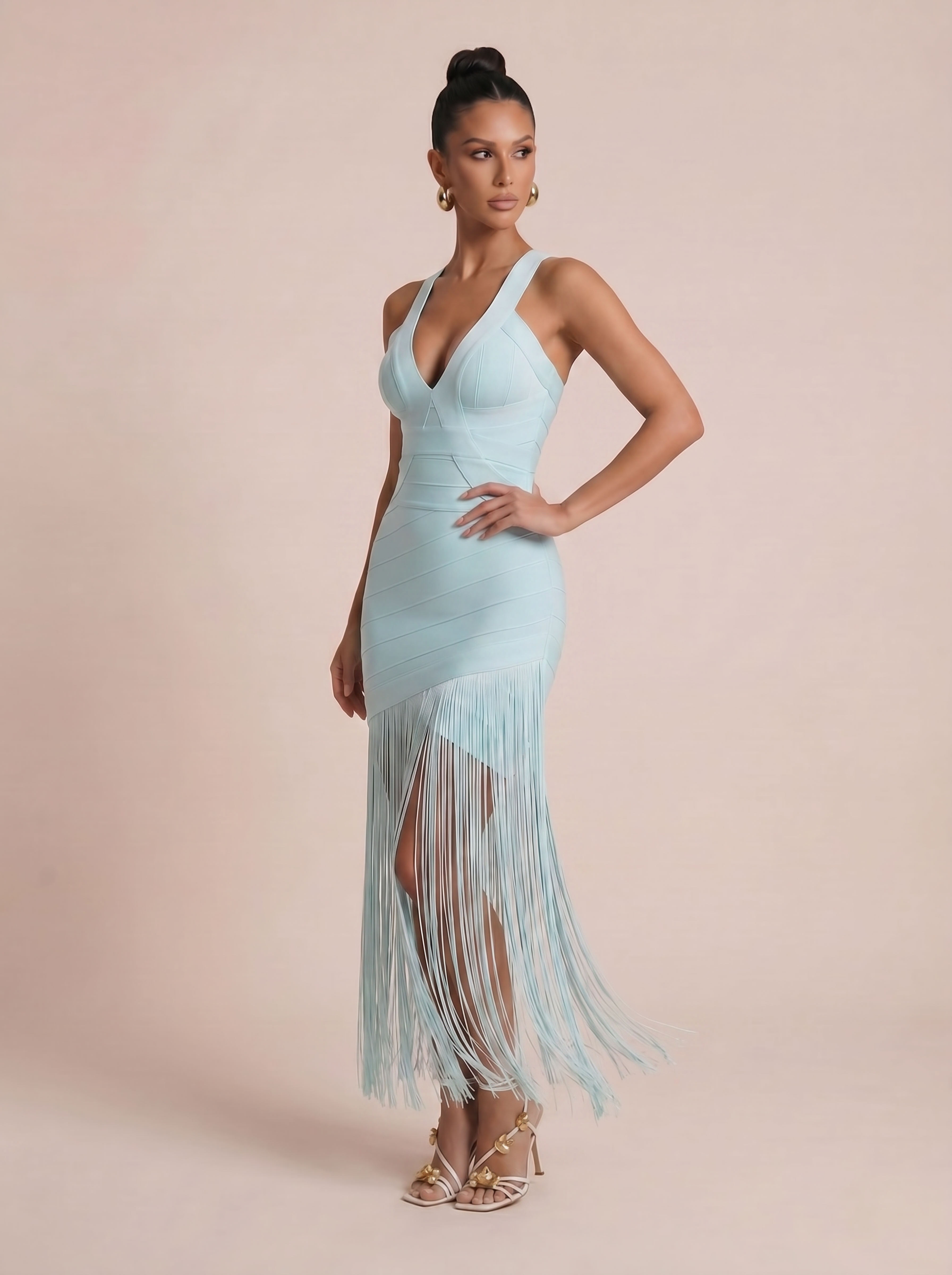 Demi Blue V Neck Tassle Fringe Bandage Maxi Dress