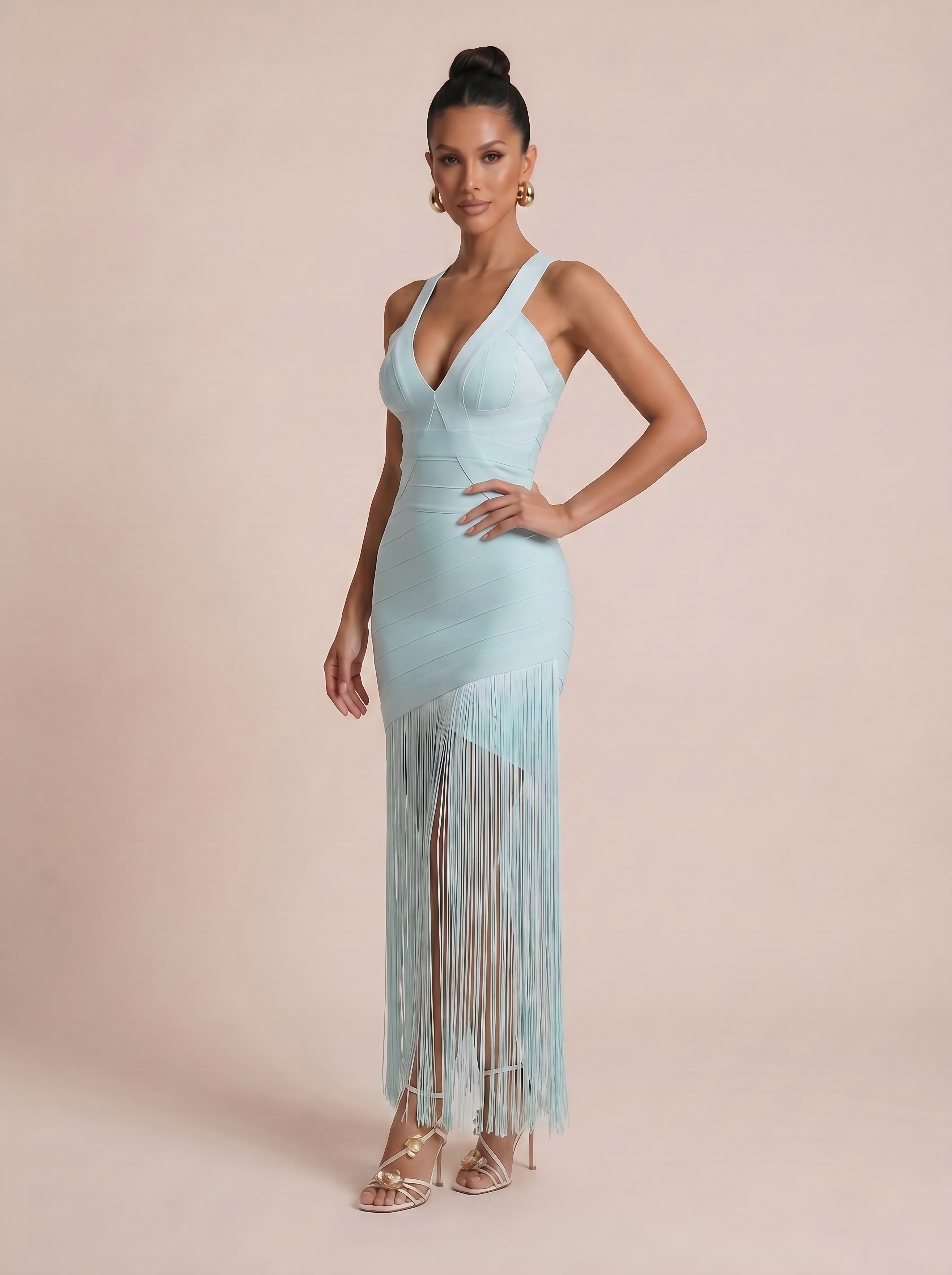 Demi Blue V Neck Tassle Fringe Bandage Maxi Dress