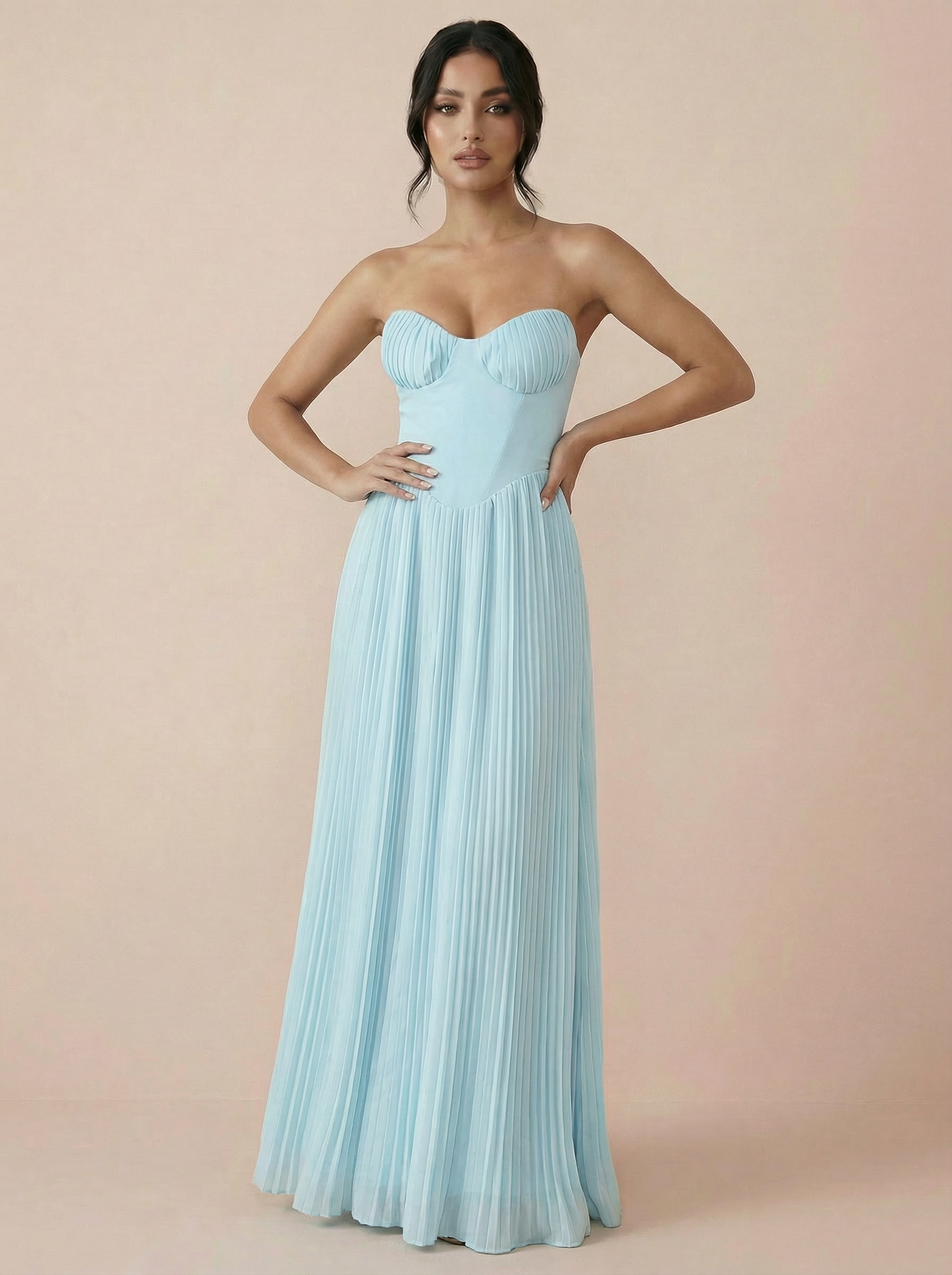 Valera Blue Pleated Off Shoulder Maxi Dress