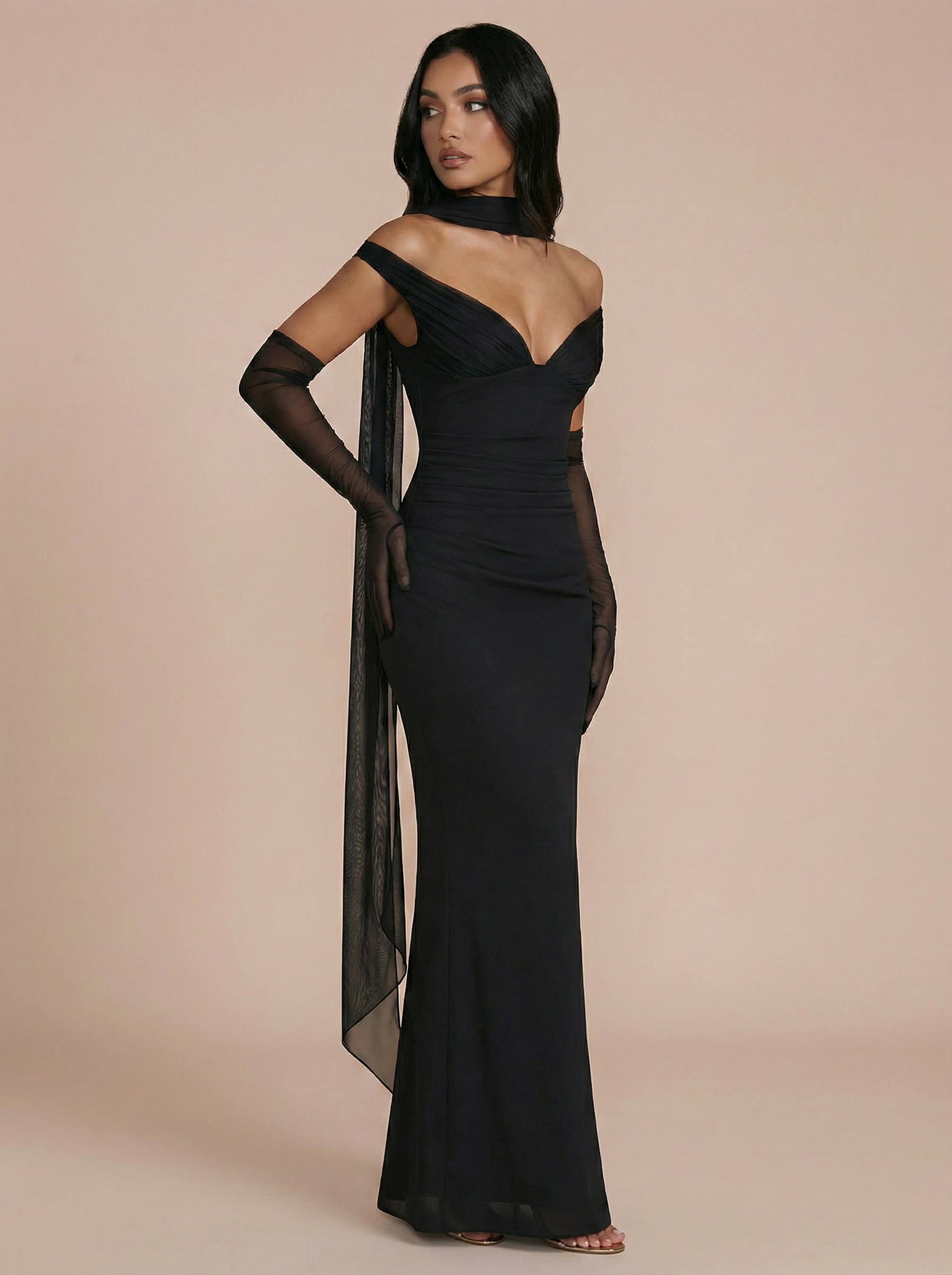 Evania Scarf Elegant Collar Off-shoulder Maxi Dress