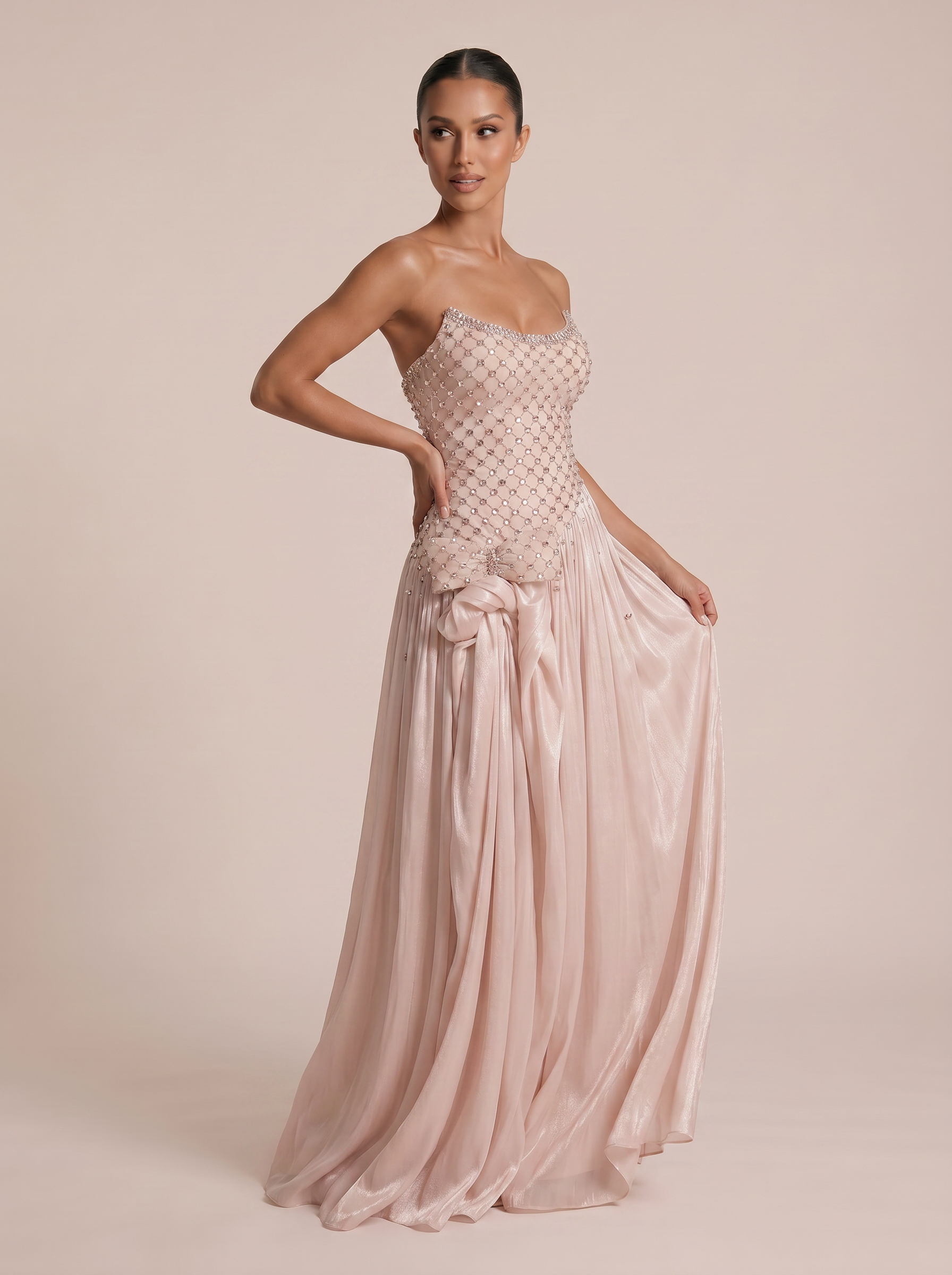 Jacinda Blush Pink Strapless Beaded Draped Handmade Maxi Dress