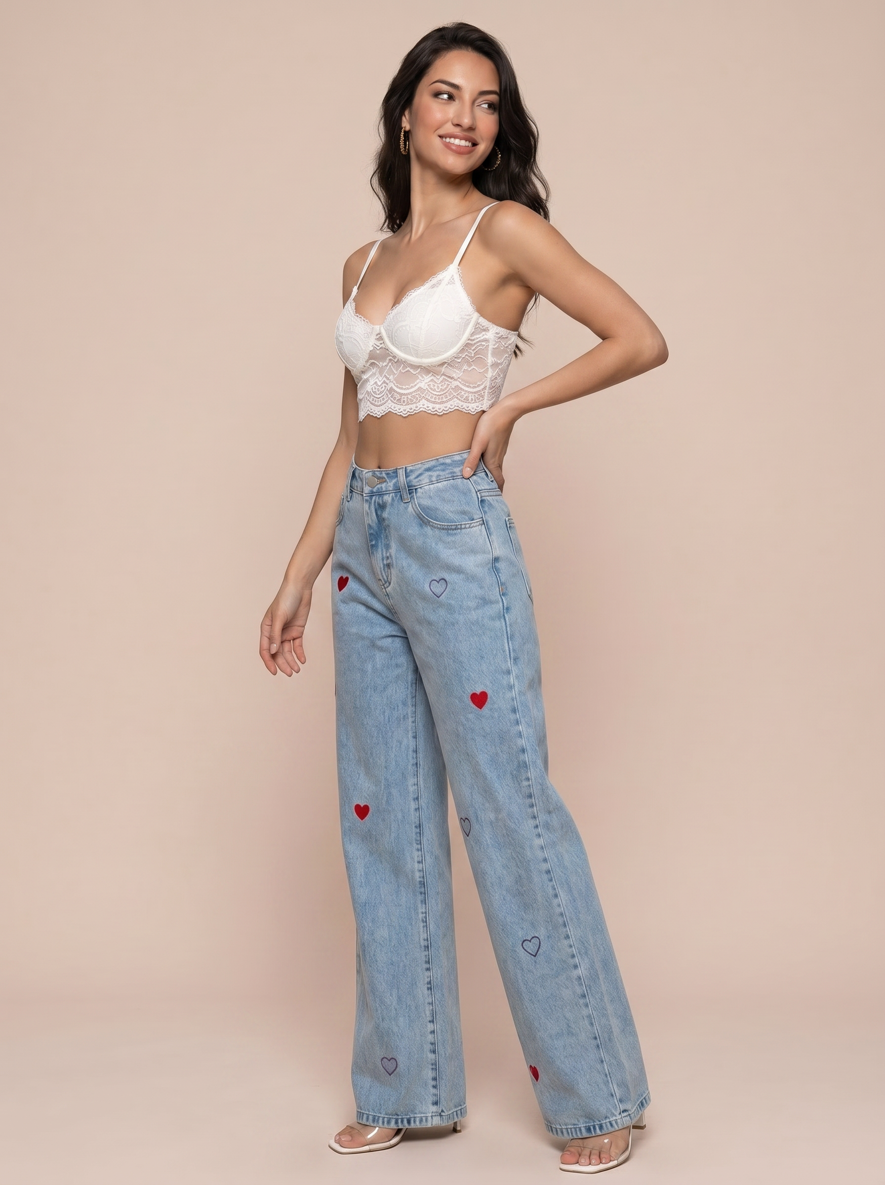 Cira Heart Embroidery Straight Pant Denim Jeans
