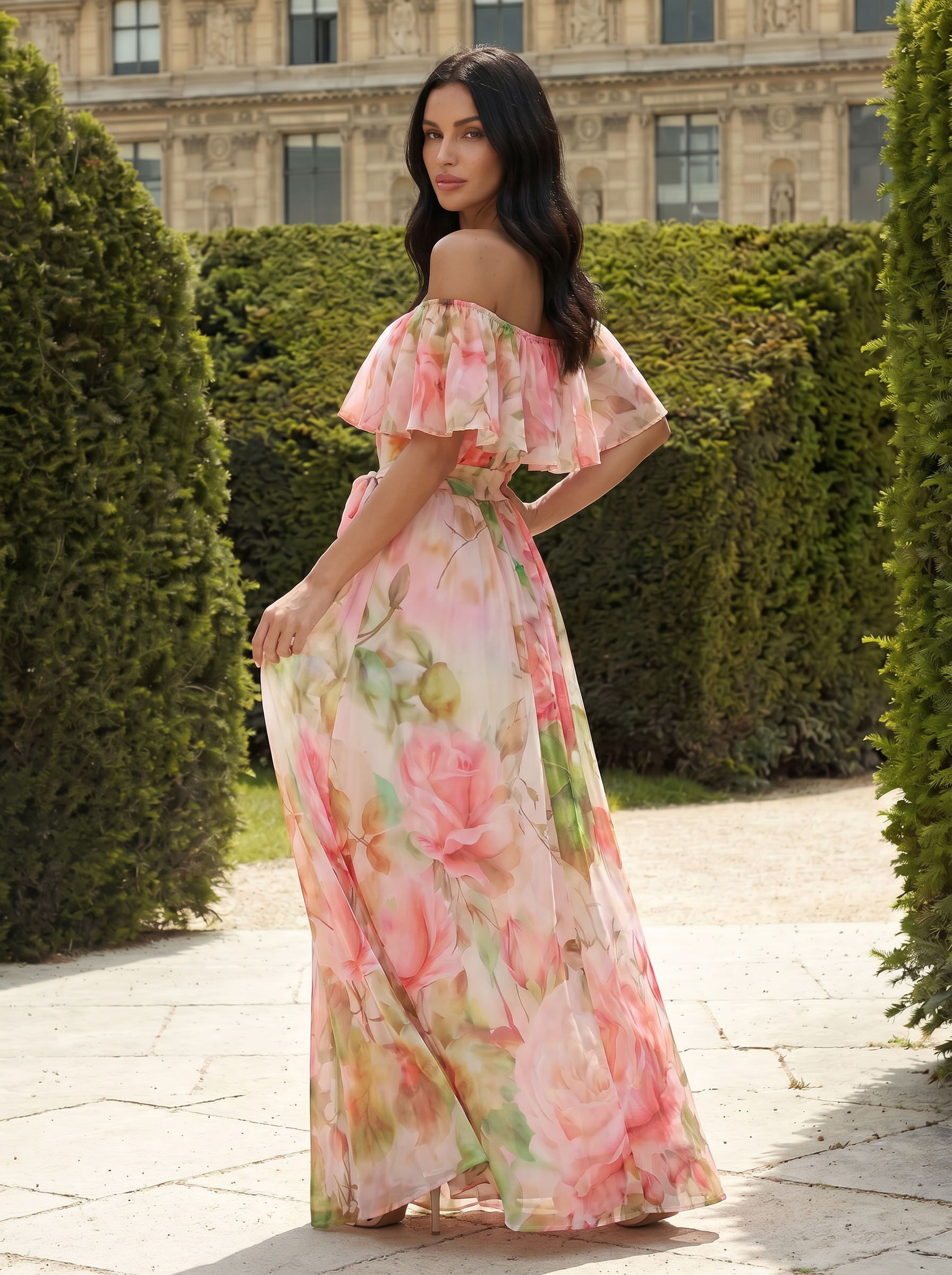 Jorine Pink Chiffon Off Shoulder Floral Sundress Maxi Dress