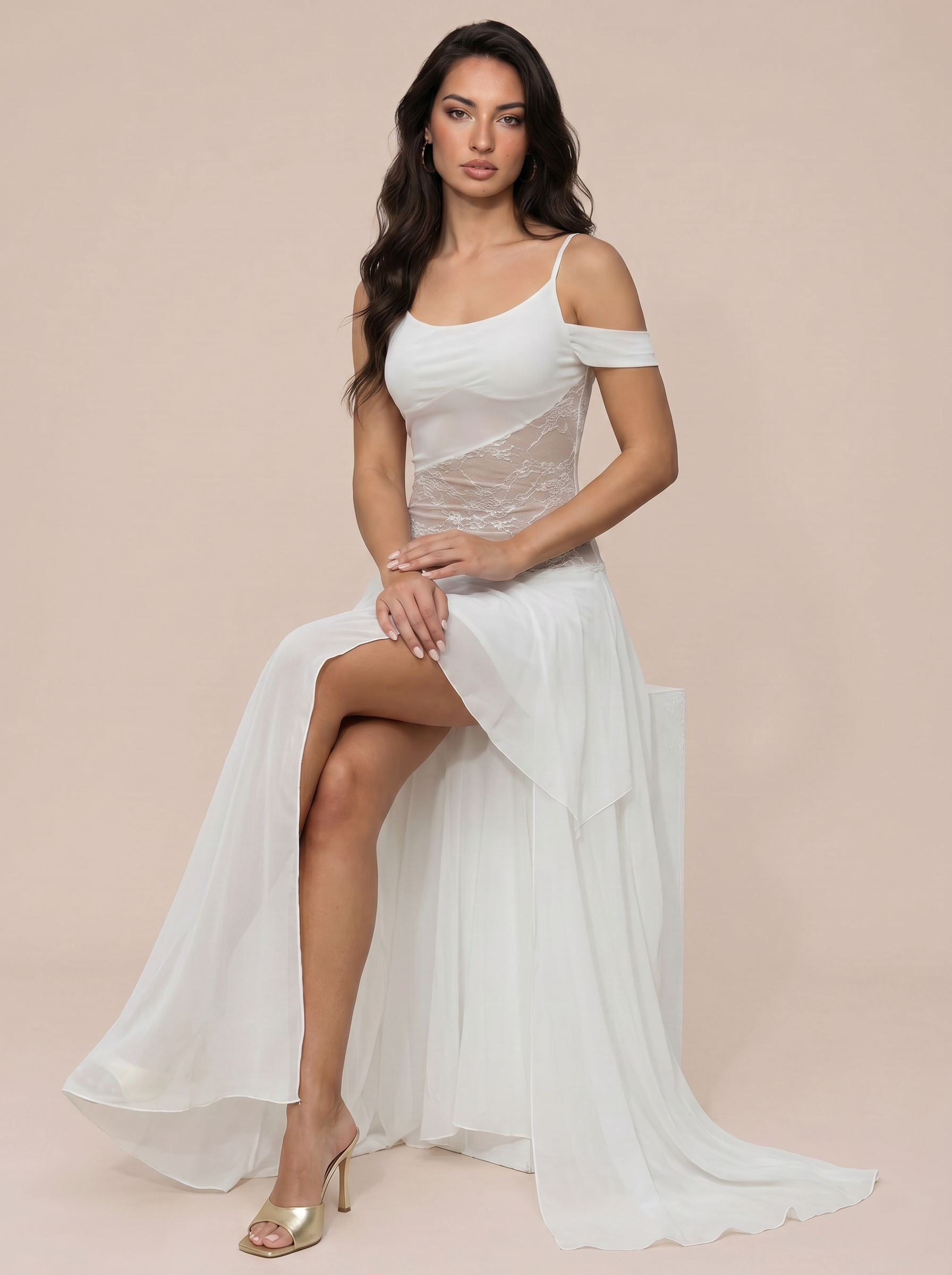 Havira White Off Shoulder Strap Sleeveless Maxi Dress
