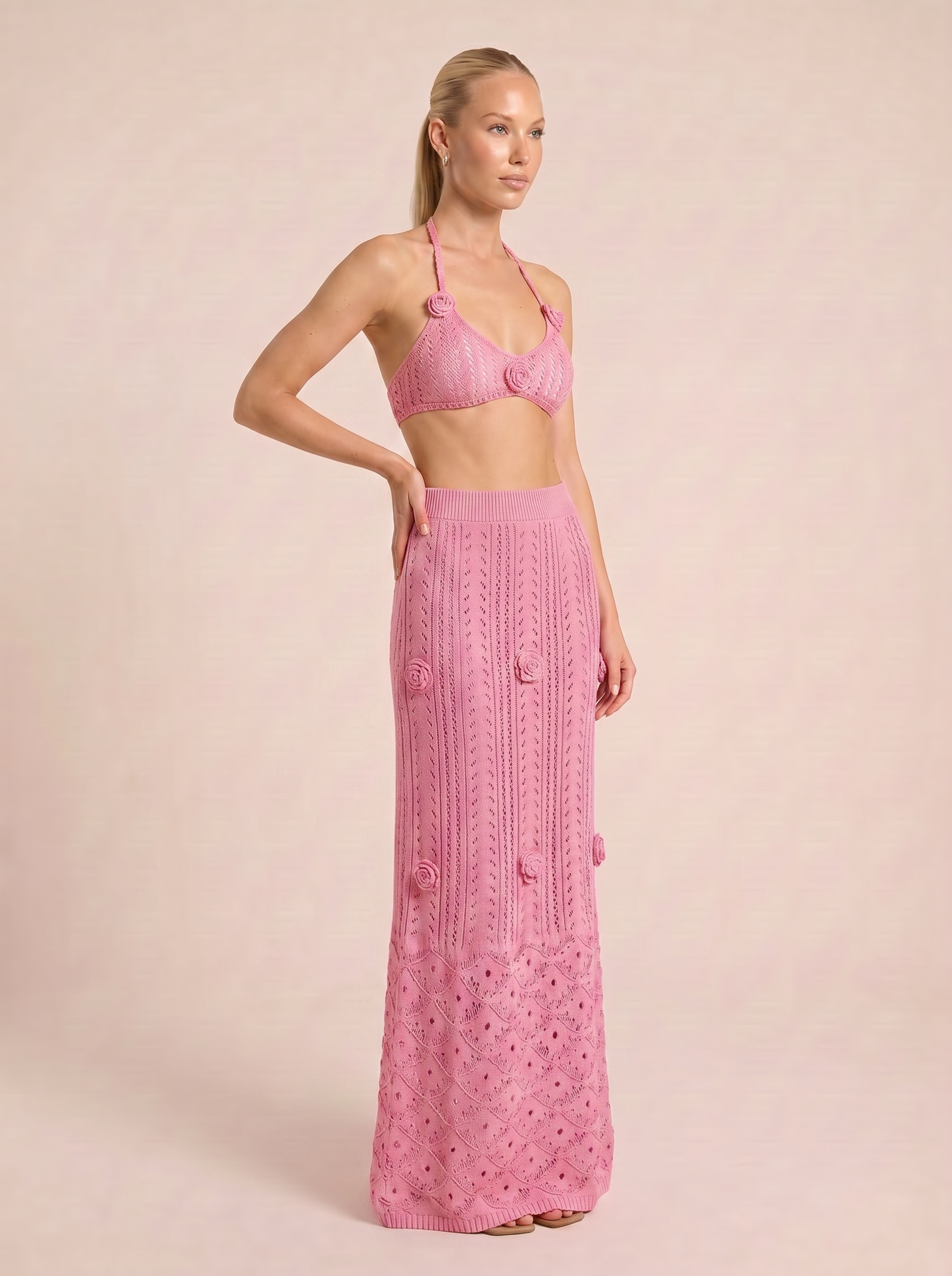 Mirev Crochet Beach Halter Crop Top & Maxi Skirt Two Piece Set