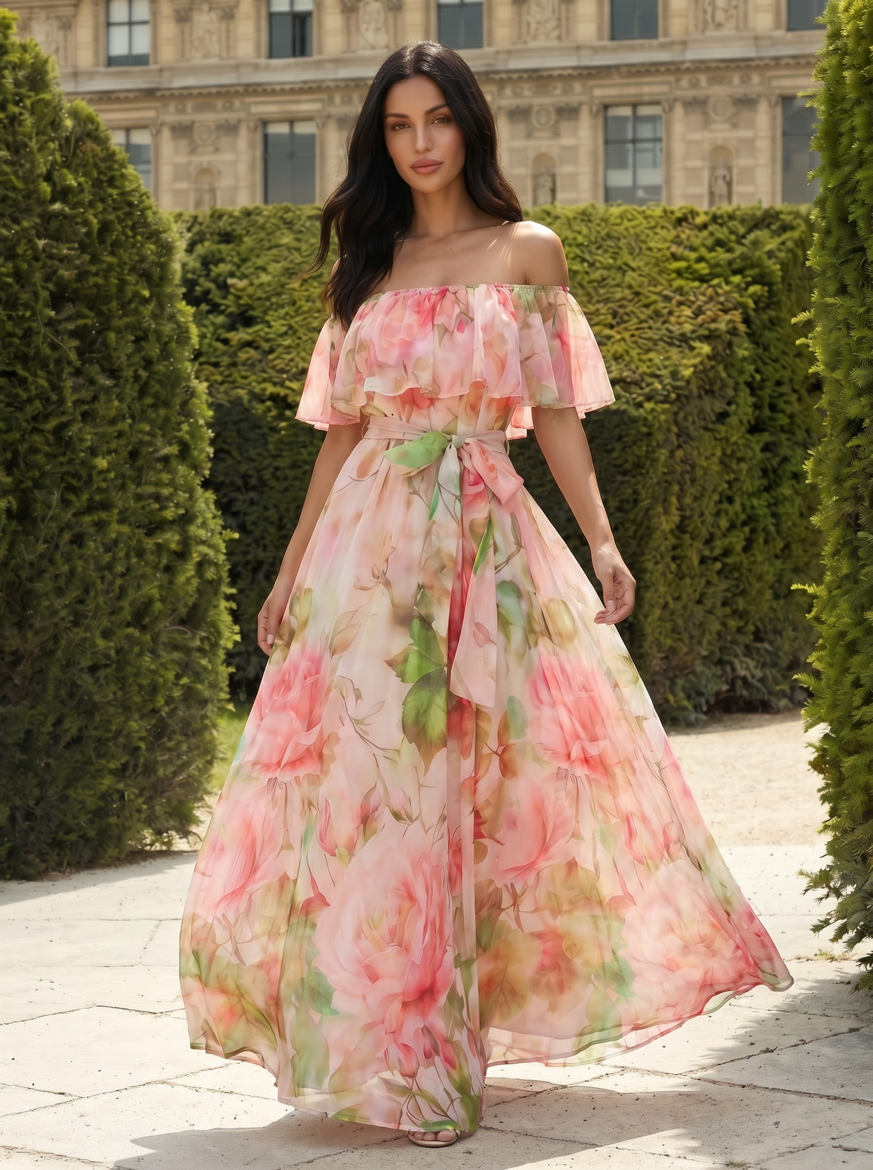 Jorine Pink Chiffon Off Shoulder Floral Sundress Maxi Dress