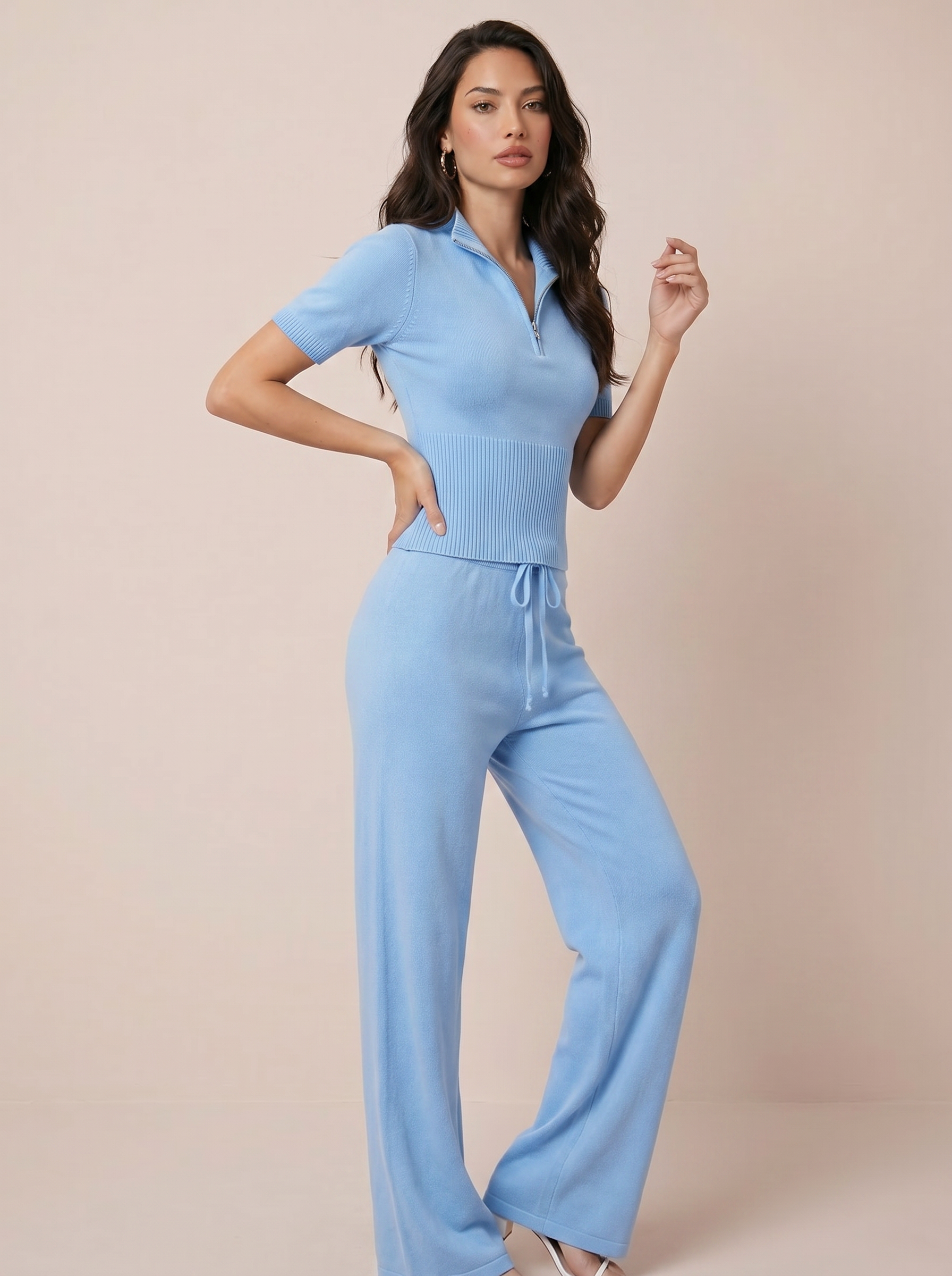 Kavelle Short Sleeve Tops & Drawstring Wide Leg Pants Two Piece Set