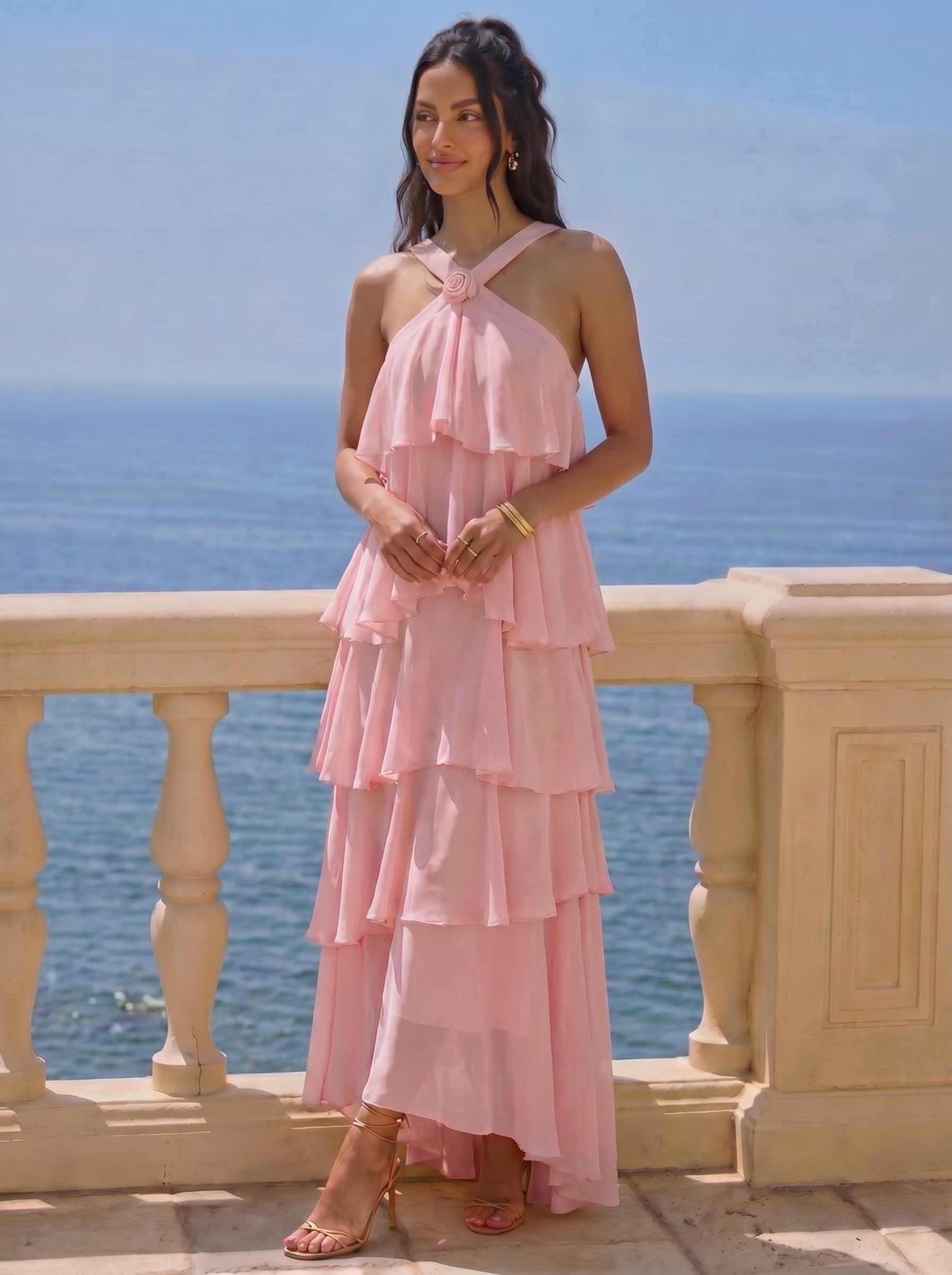 Aria Elegant Flower Ruffle Layered Maxi Dress