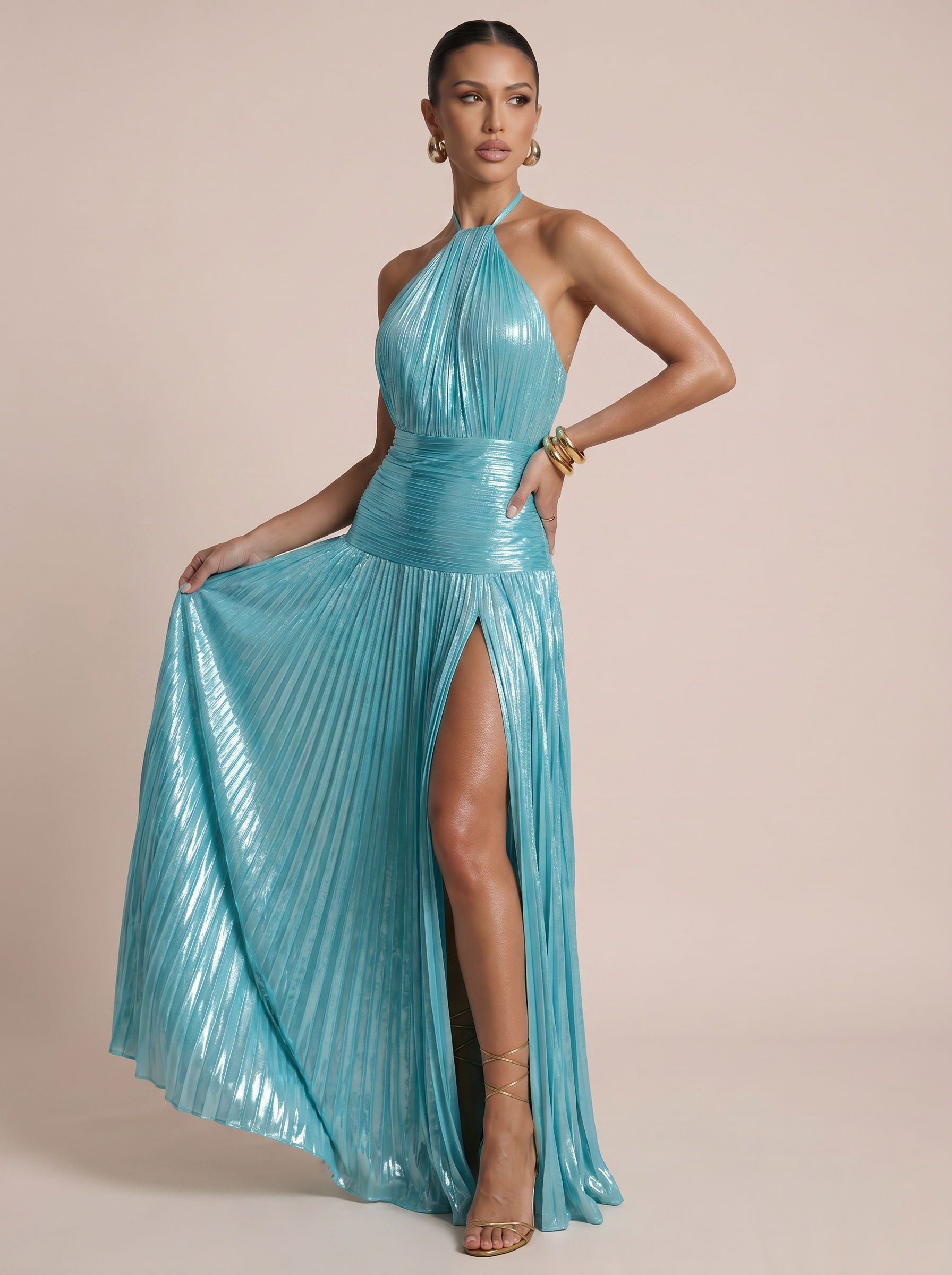 Siennia Halter Pleated Sleeveless Maxi Dress