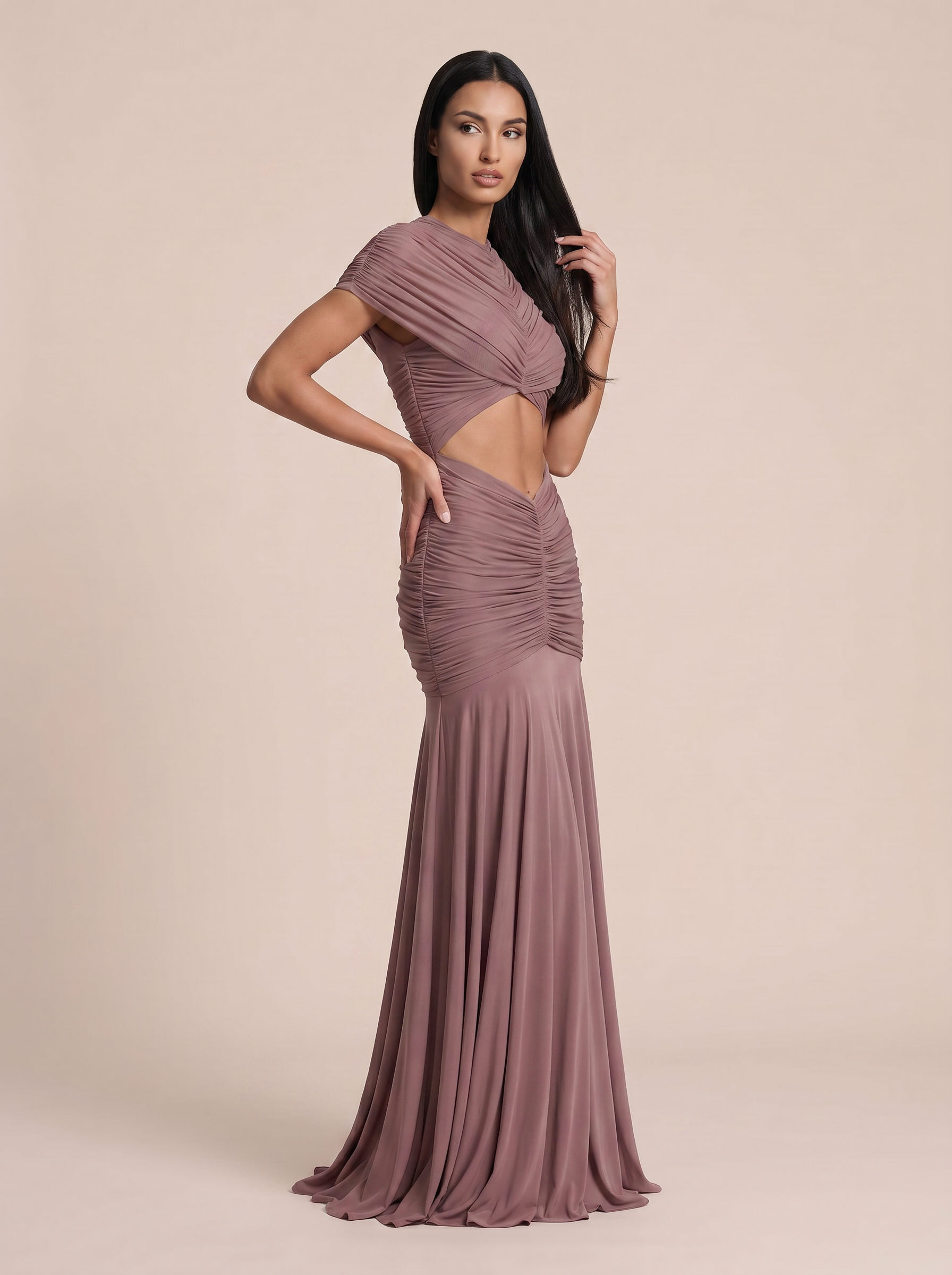 Jolie Turtleneck Ruched Short Sleeve A-line Maxi Dress