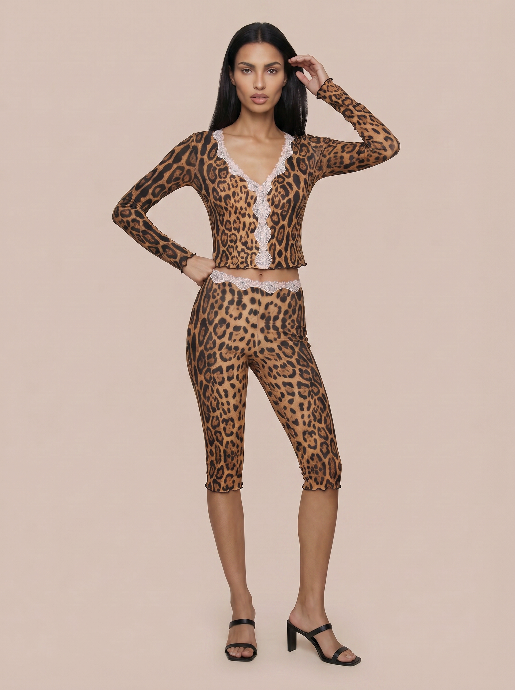 Abby Print Leopard Sexy V-neck Top & Pant Two Piece Set