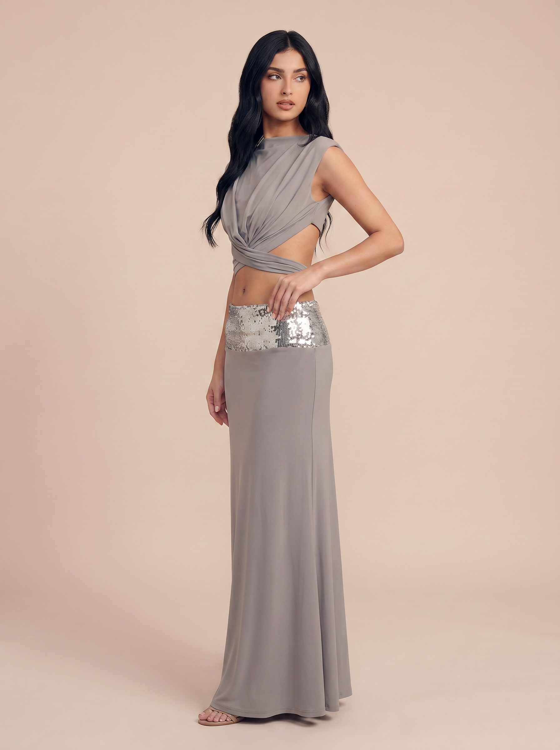 Nyla Silver Sequin Two Piece Set Top& Maxi Skirt