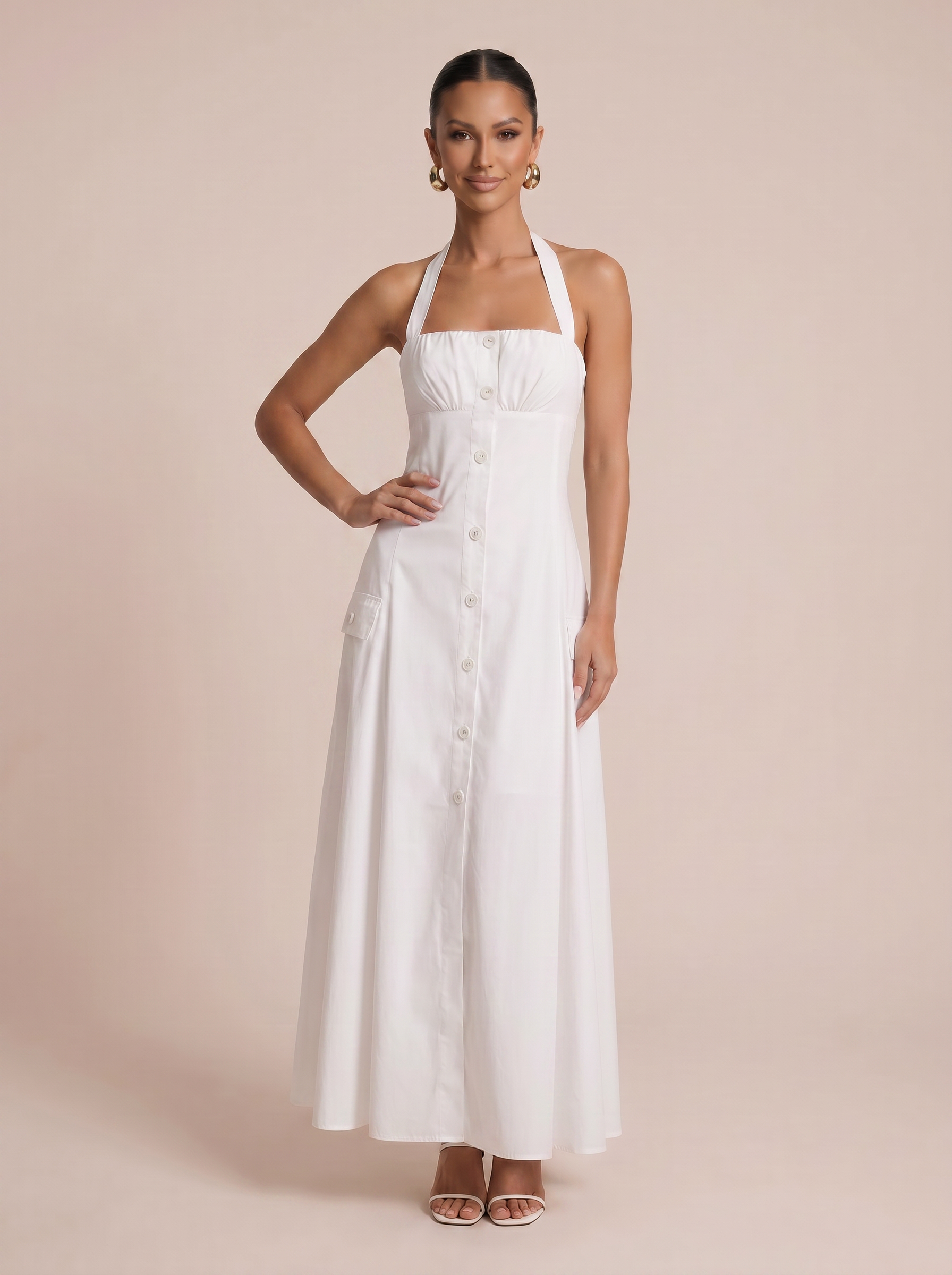 Taylor White Halter Midi Summer Sundress Dress
