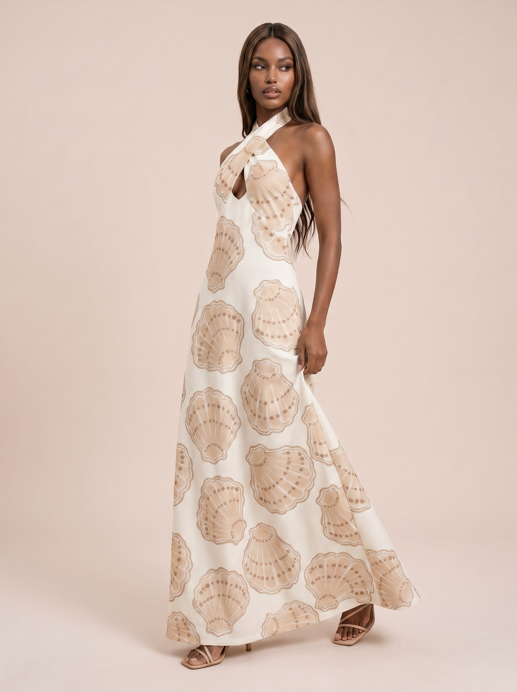 Saylor Seashell Print Halter Summer Beach Maxi Dress