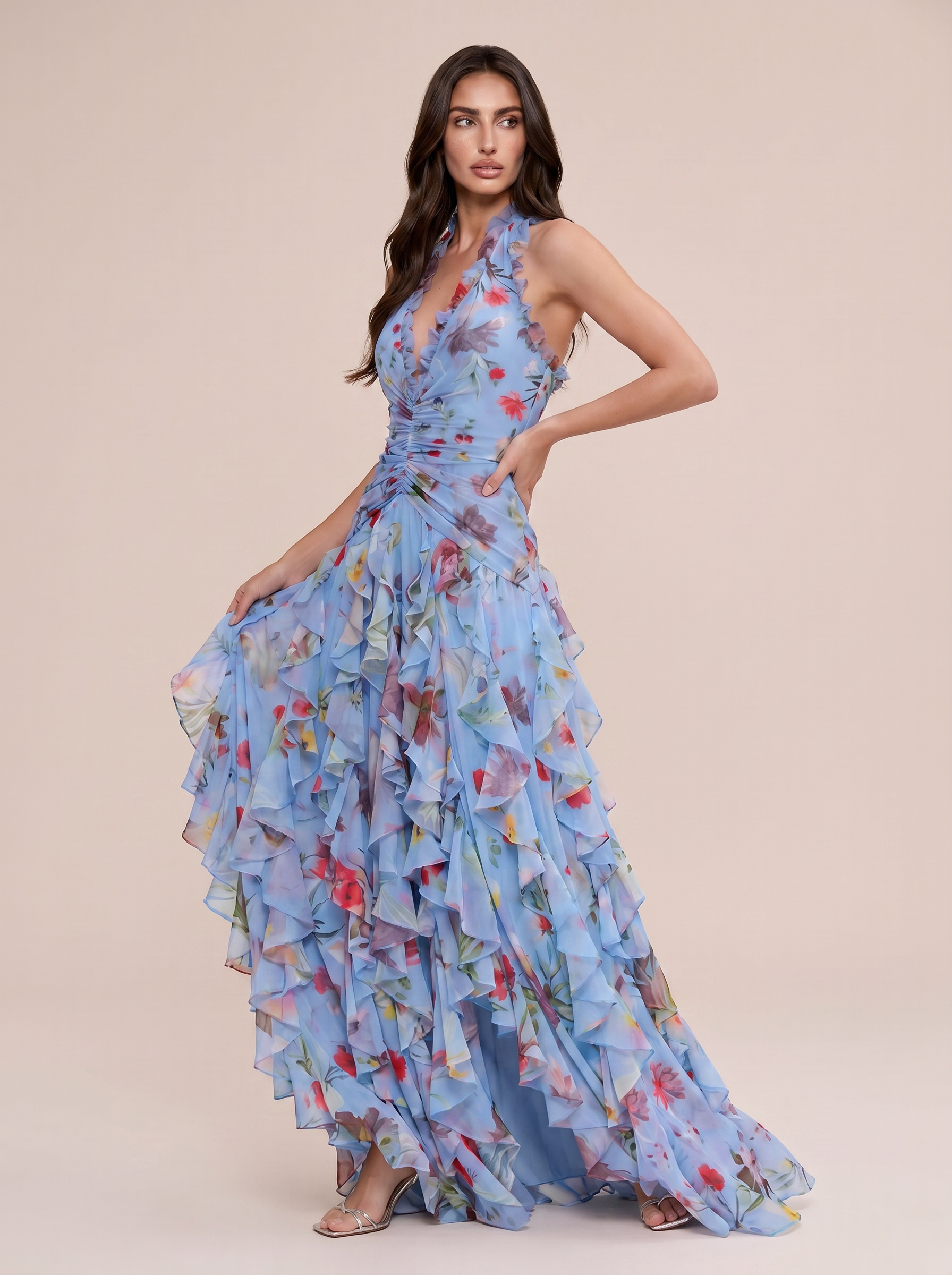 Felicity Sleeveless Summer Floral Ruffle Maxi Dress